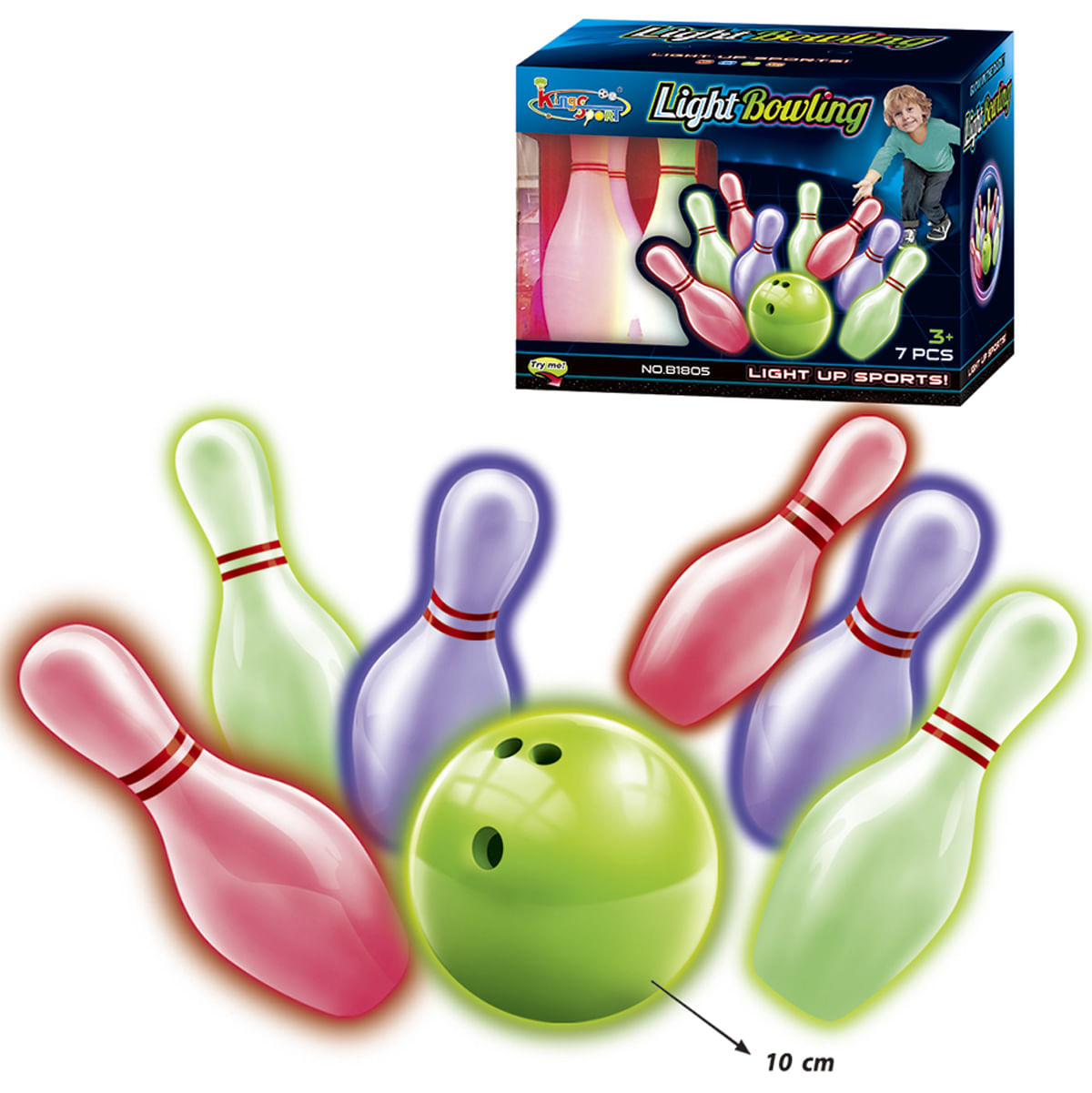 Un juego de bolos con bolos y bola brillantes. La caja muestra a un niño y las palabras 'Light Bowling'. Incluye 7 piezas.