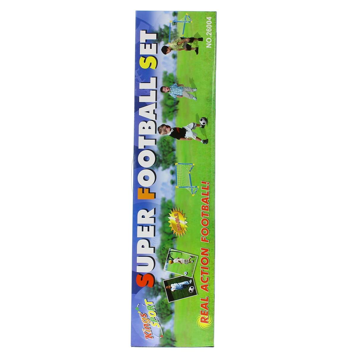 Una caja con una ilustración de un juego de fútbol. Tiene niños jugando fútbol. Texto: Super Football Set. Real Action Football!
