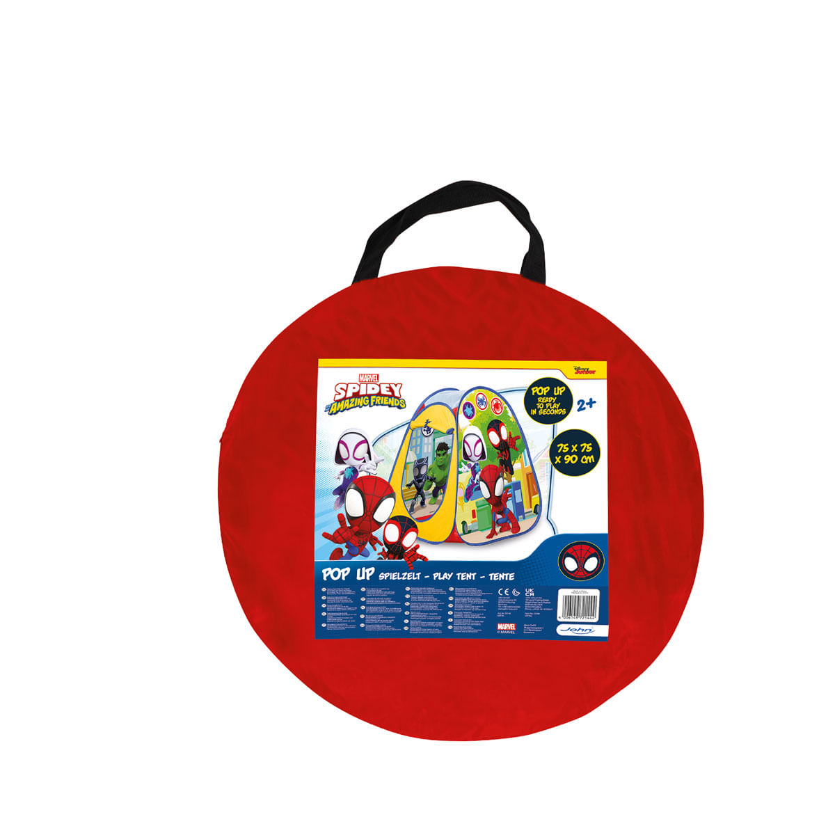 Una bolsa roja y circular con una asa negra. Muestra una tienda de campaña de Spider-Man con personajes y texto.