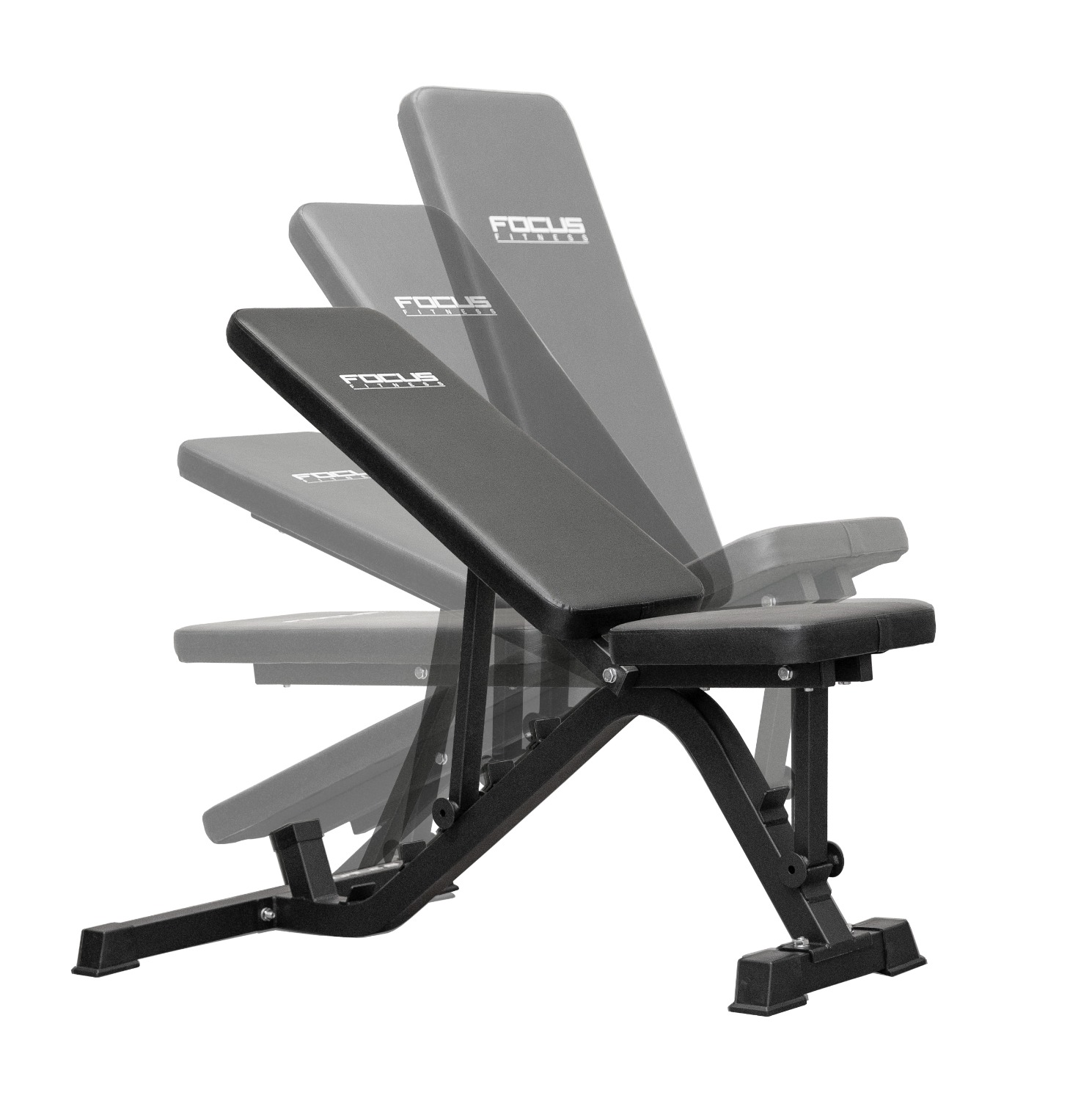 Zwarte en grijze verstelbare halterbank. Focus Fitness logo op de rugleuning. Meerdere posities worden transparant weergegeven.