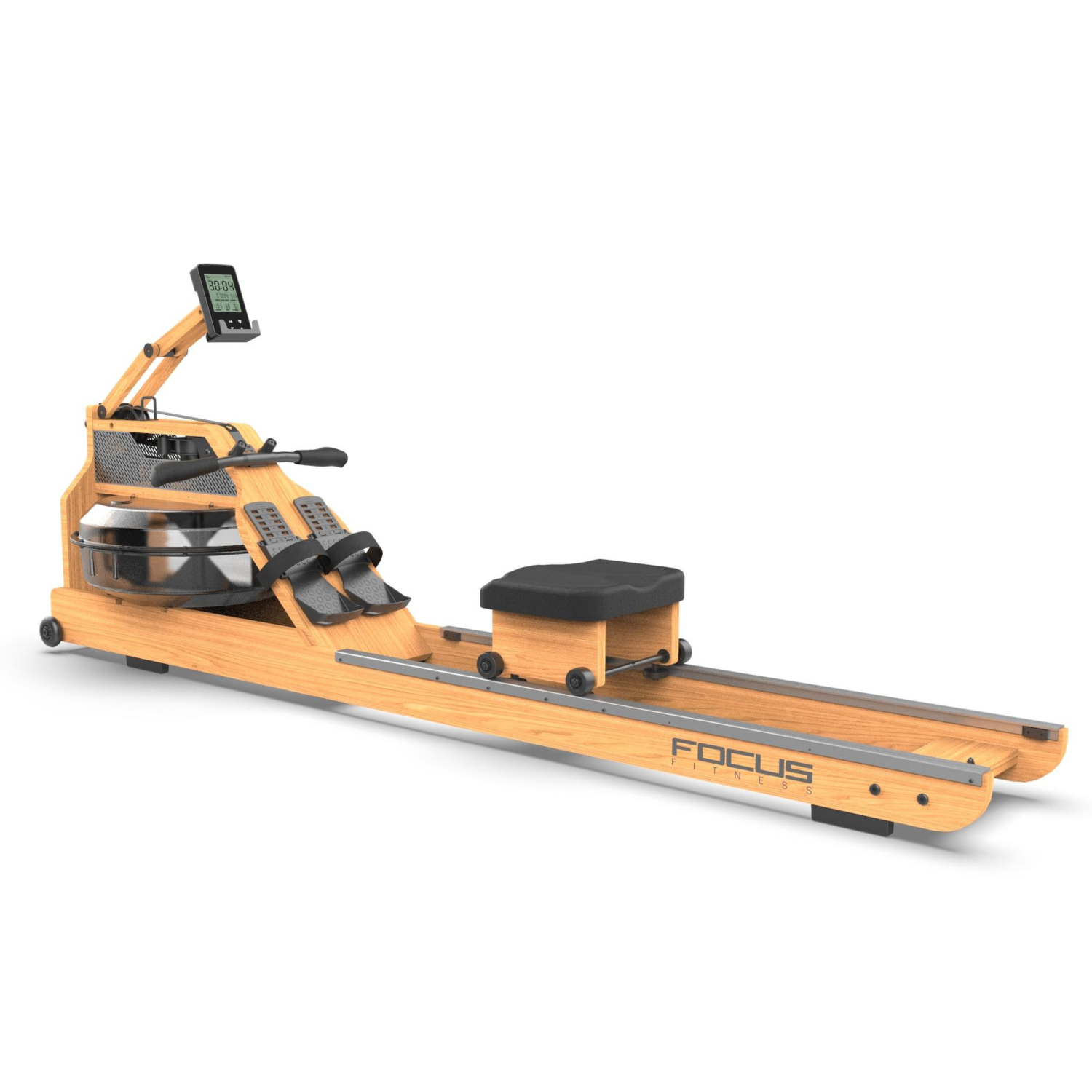 Wooden rowing machine with a black seat and digital display. Focus Fitness logo on the side. The machine is on a white background.
