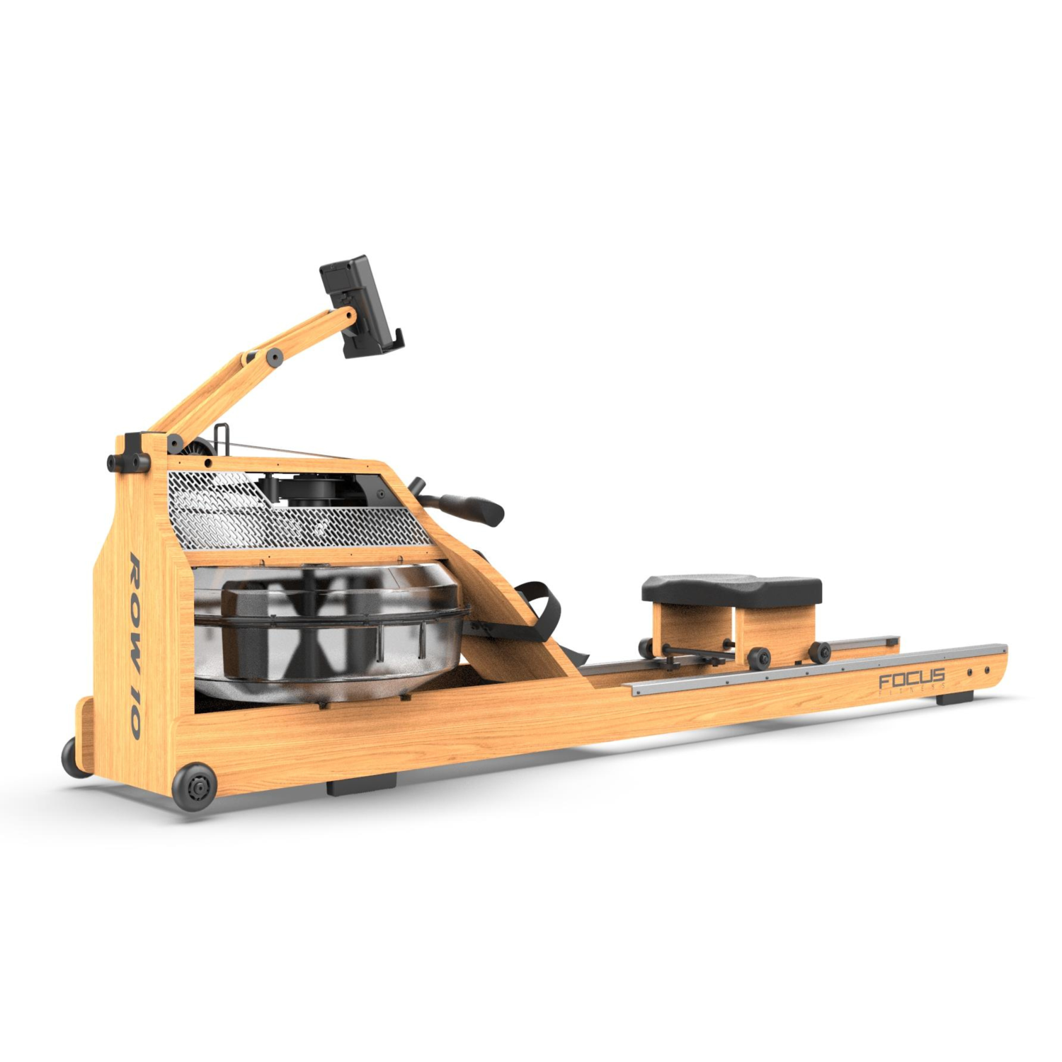A wooden rowing machine. It has a water tank, a black seat, and a display. The brand name "FOCUS" is visible.
