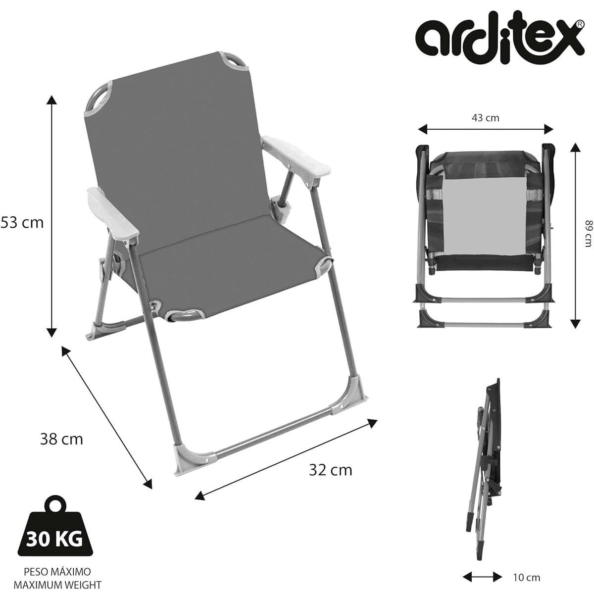 Una silla plegable gris con reposabrazos blancos. Se indican las dimensiones. El peso máximo es de 30 kg. La marca es visible.