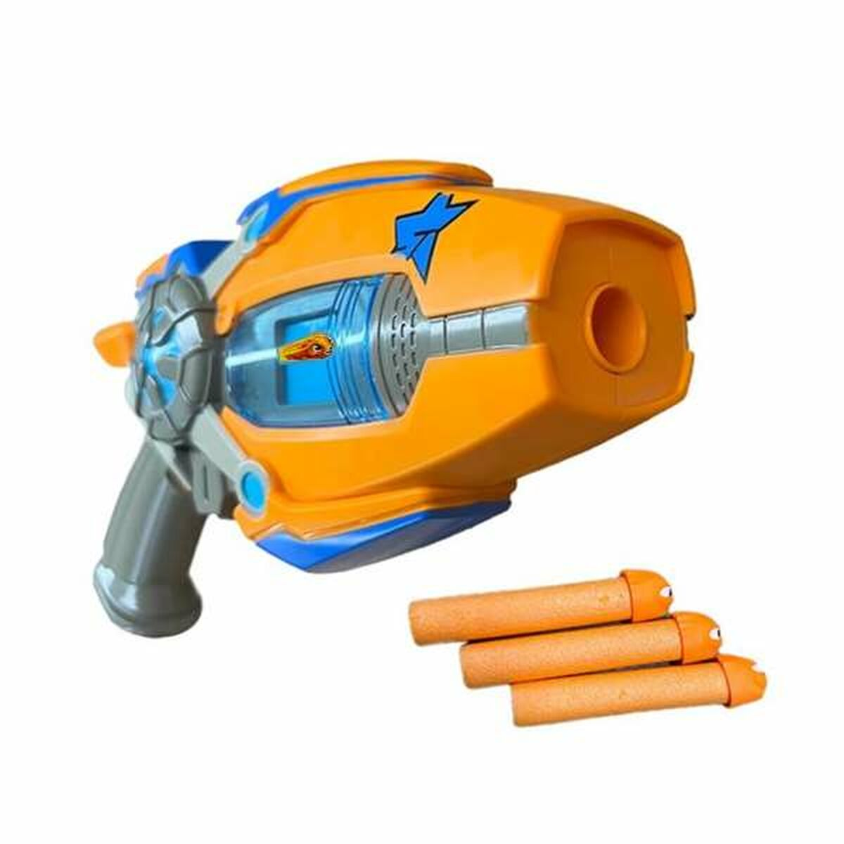Una pistola giocattolo arancione e blu con tre dardi arancioni accanto. La pistola ha un design a stella blu e un'impugnatura grigia.