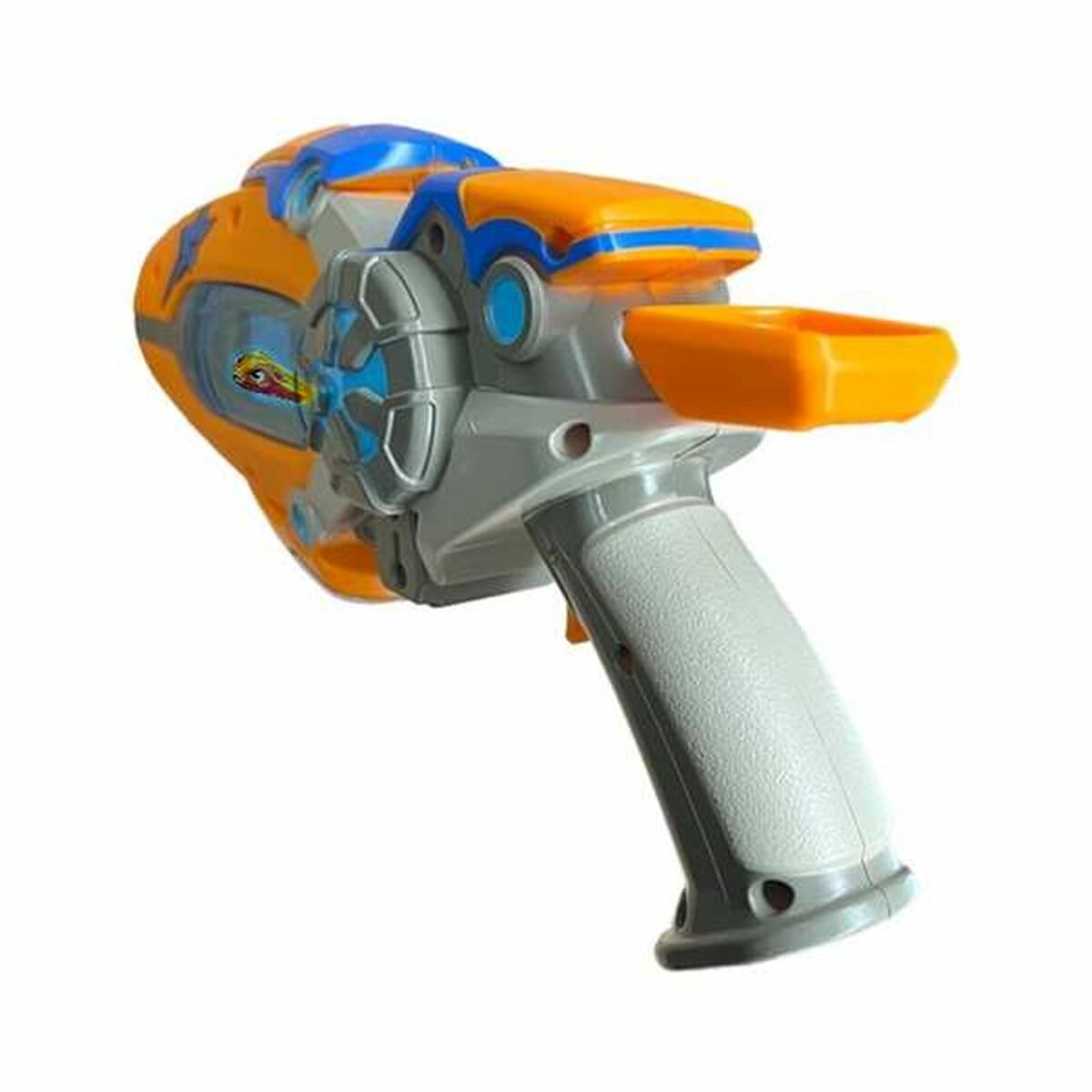 Una pistola giocattolo con colori arancione, blu e grigio. Ha un'impugnatura, un grilletto e una parte anteriore con un vassoio. Lo sfondo è bianco.