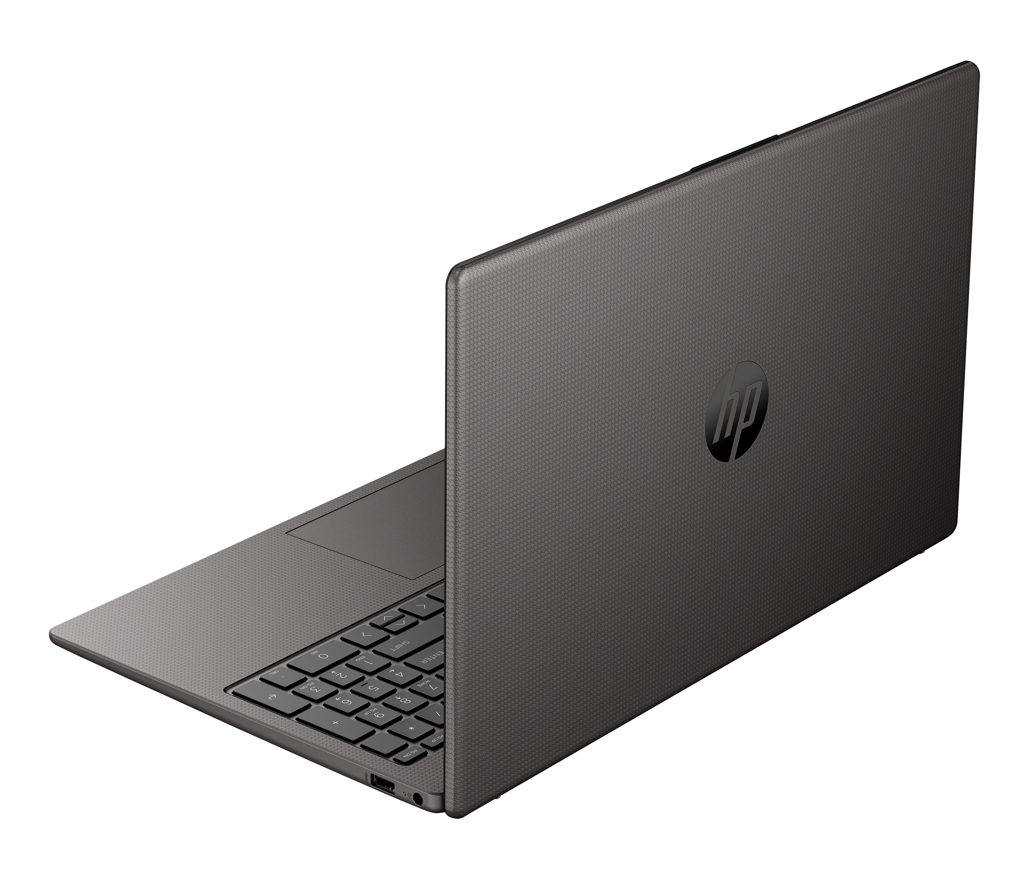 Un laptop HP grigio è aperto. La tastiera è visibile. Il logo HP è sul coperchio posteriore.