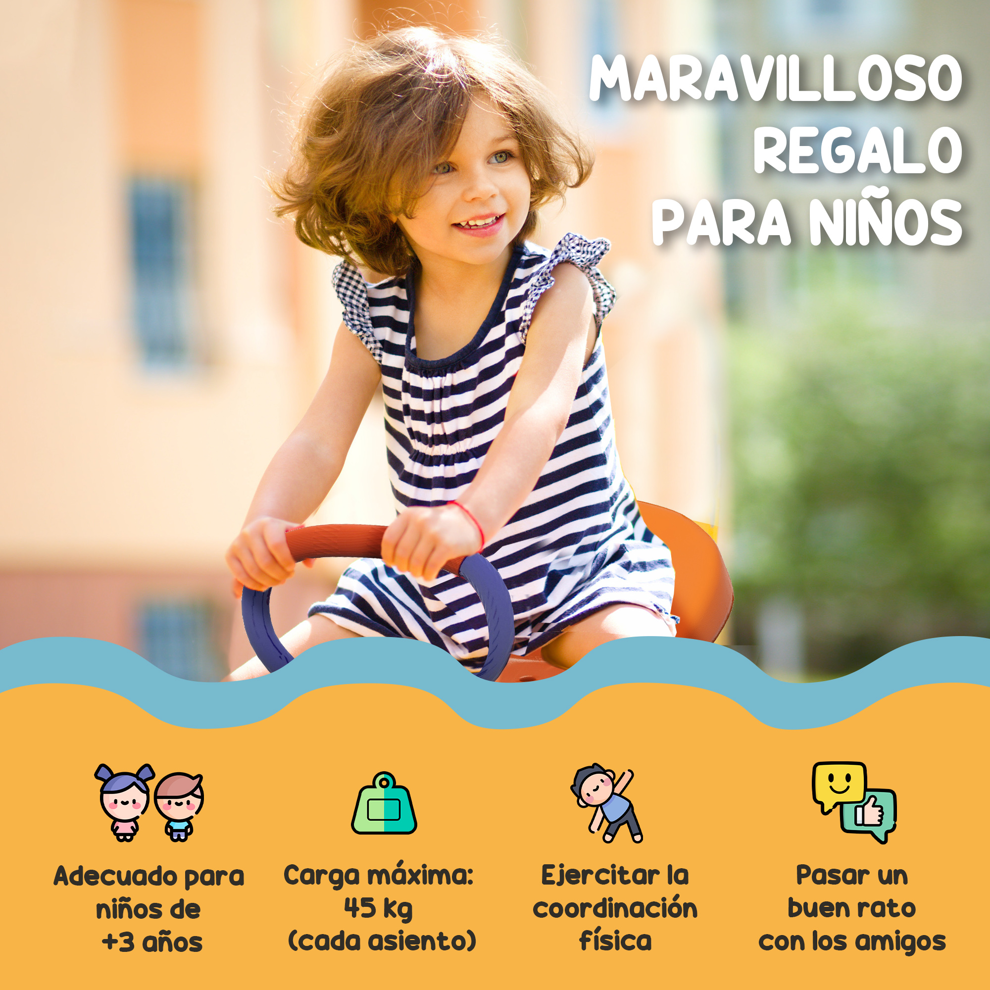Una niña en un juguete, texto dice 'Regalo maravilloso para niños', gráficos informativos: edad +3, 45 kg máx., ejercicio, amigos.