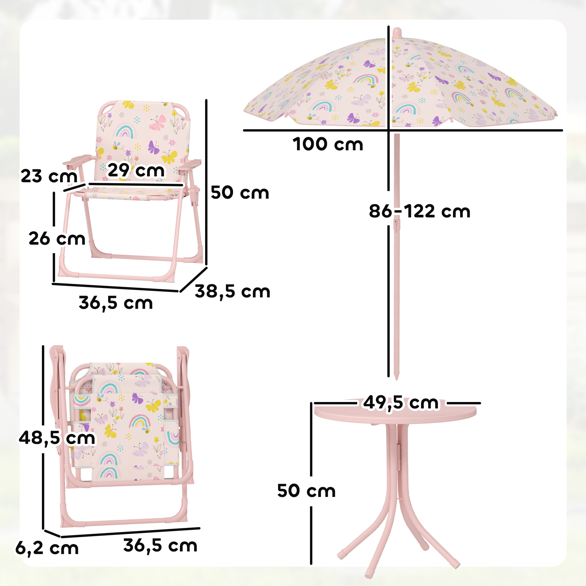 Juego de mesa infantil rosa, que incluye una silla, una silla plegable y un parasol, todos con un patrón de mariposas y arcoíris.