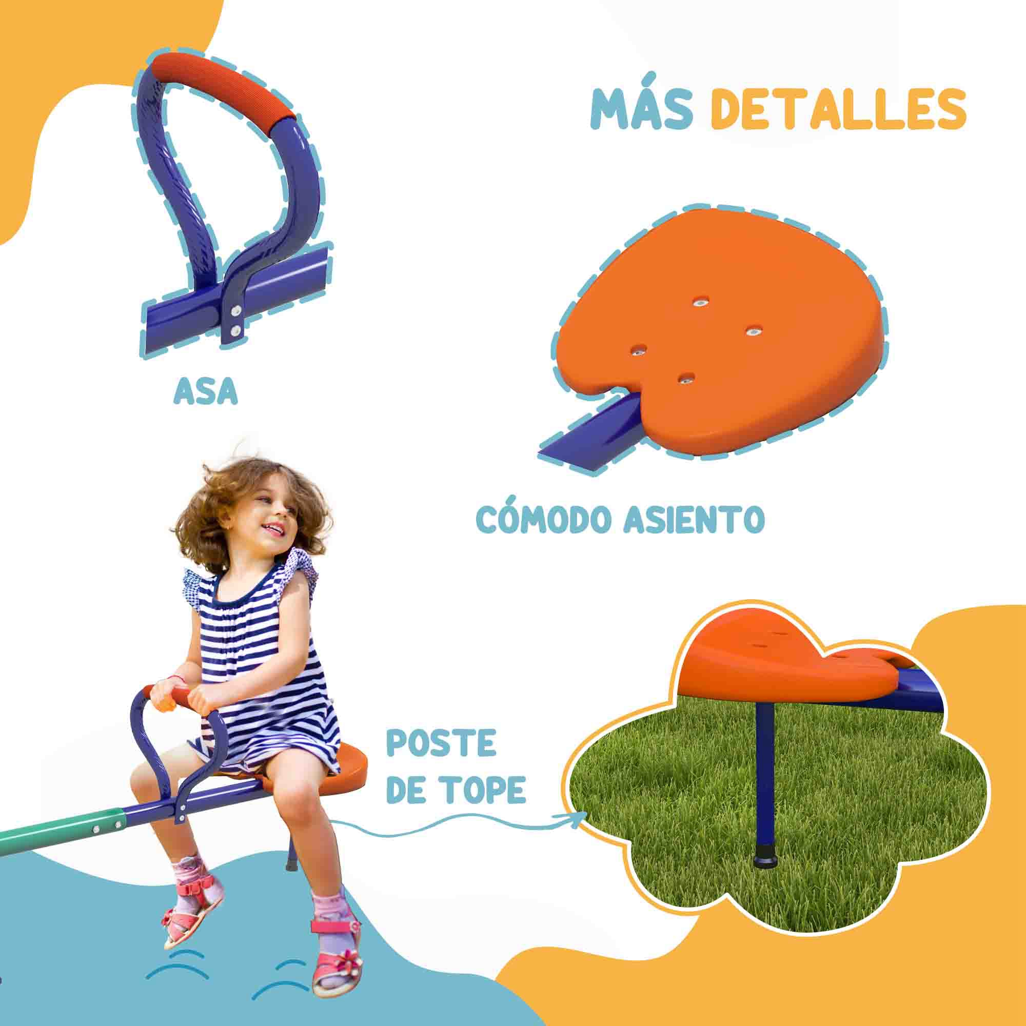 Una niña en un balancín. El balancín tiene soportes azules y un asiento naranja. Las partes están etiquetadas: asa, asiento y poste de tope.