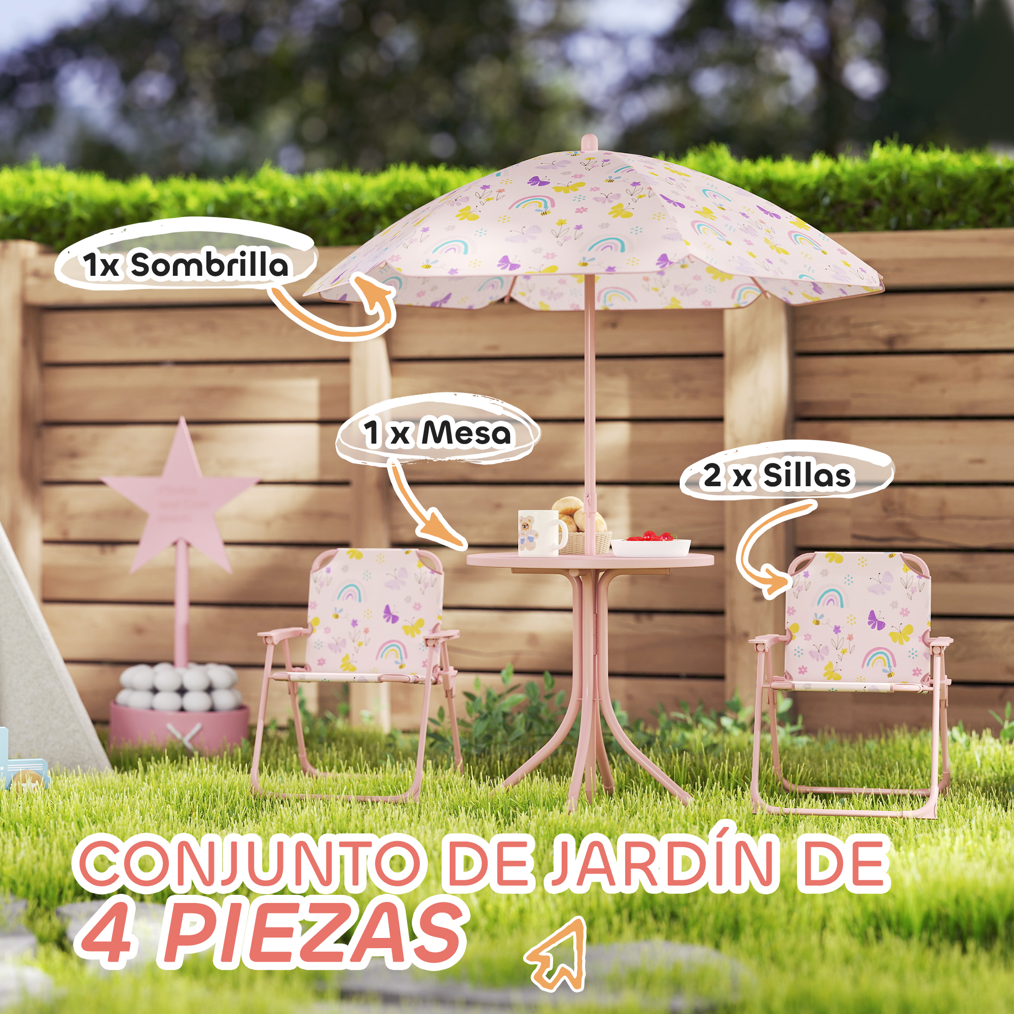 Un juego de exterior rosa con mesa, dos sillas y sombrilla, sobre césped verde con valla de madera.
