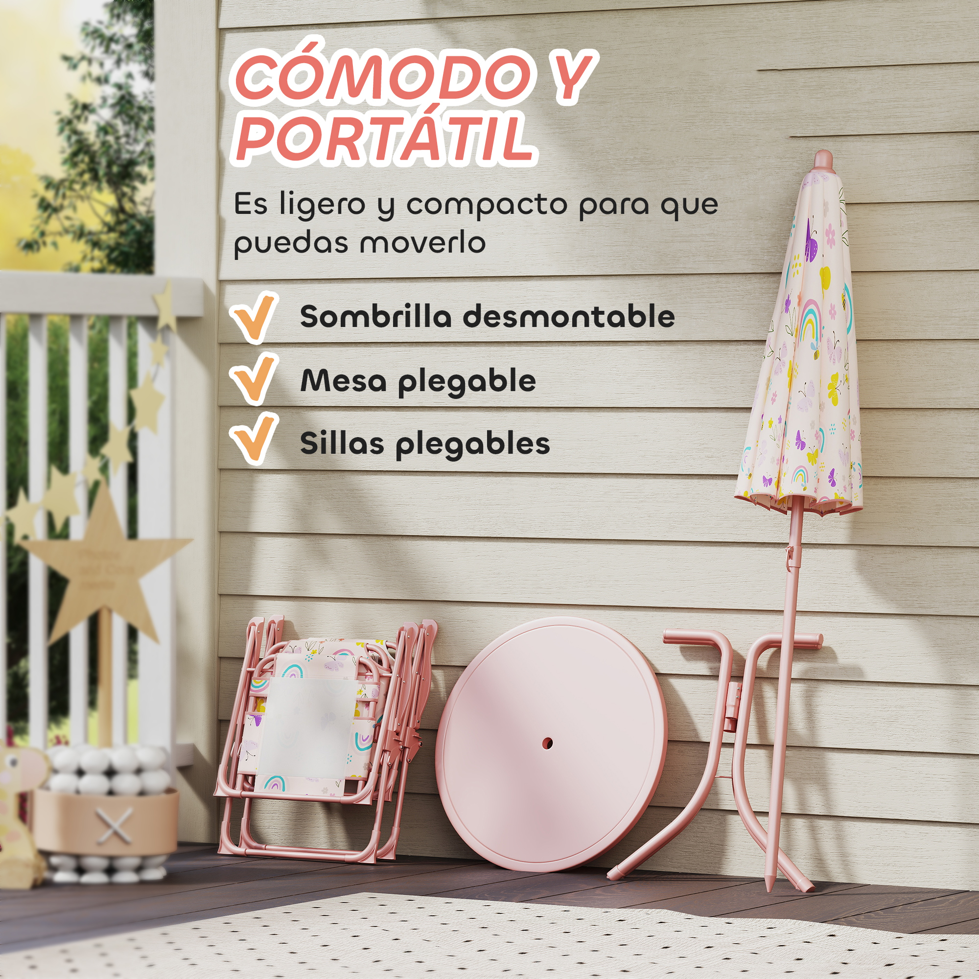 Juego de patio rosa: sombrilla, mesa plegable y silla. El fondo tiene revestimiento de madera y una escena exterior borrosa.