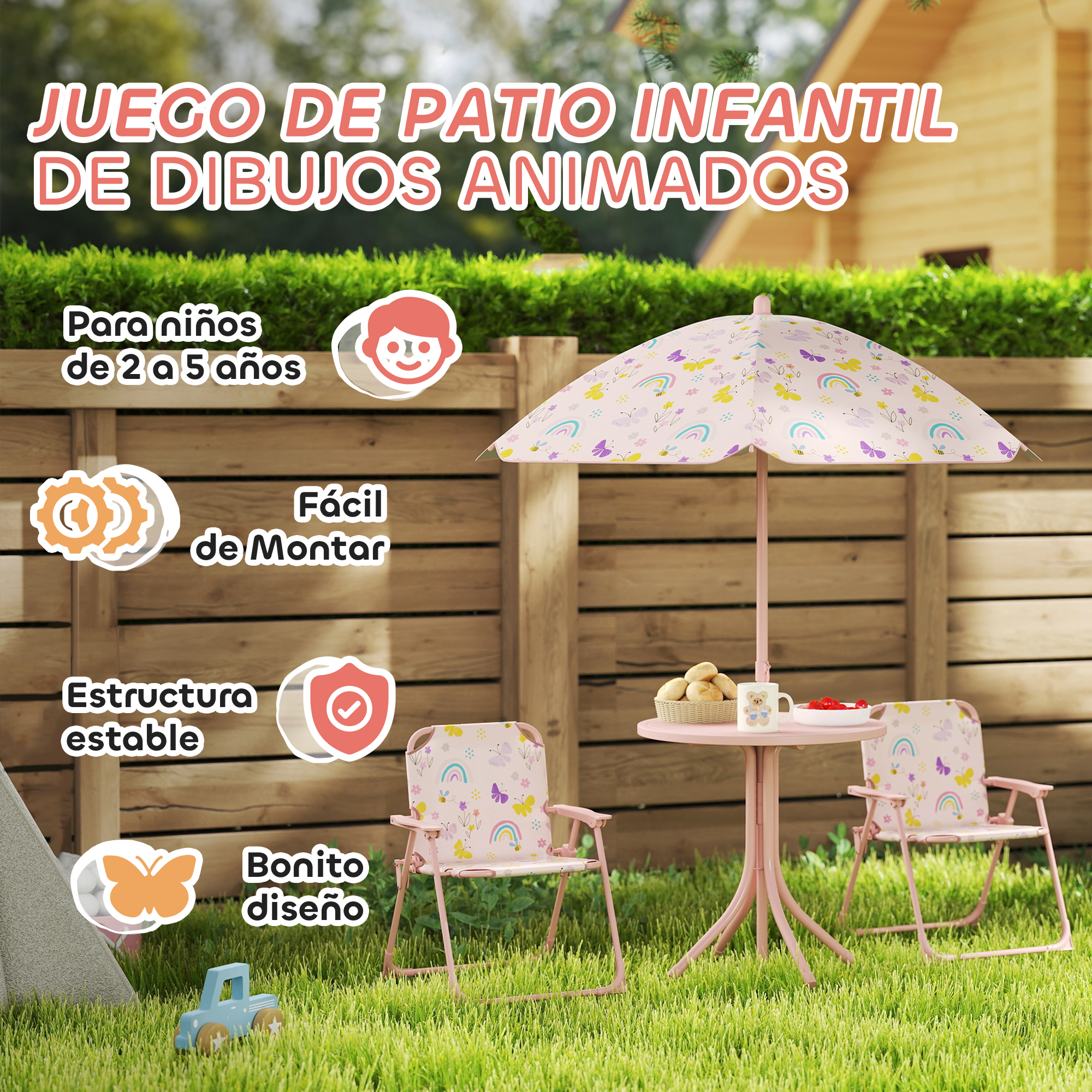 Un juego de patio para niños con mesa, sillas y sombrilla. El juego está sobre césped con una valla de madera y una casa al fondo.