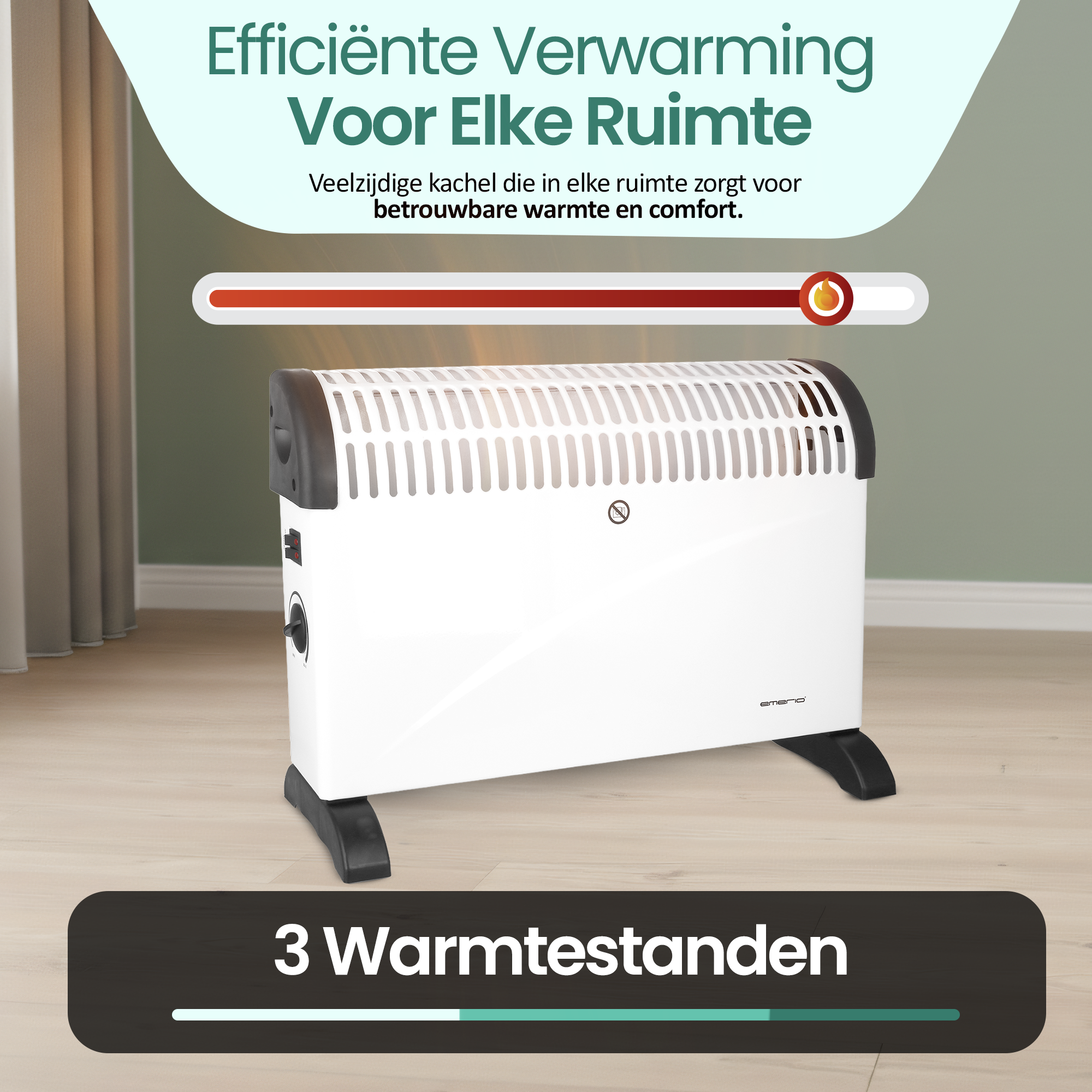 Witte elektrische kachel met zwarte accenten op houten vloer. Tekst: 'Efficiënte verwarming voor elke ruimte'.