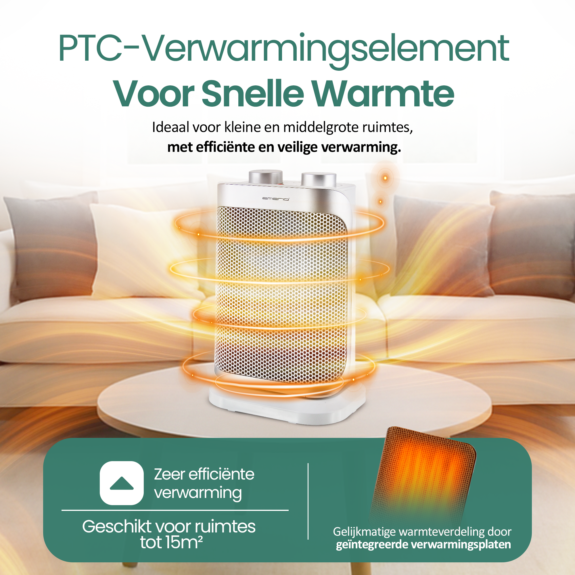 Een wit-zilveren kachel op een tafel met warme lucht wervelingen. Tekst: 'PTC-Verwarmingselement Voor Snelle Warmte'.