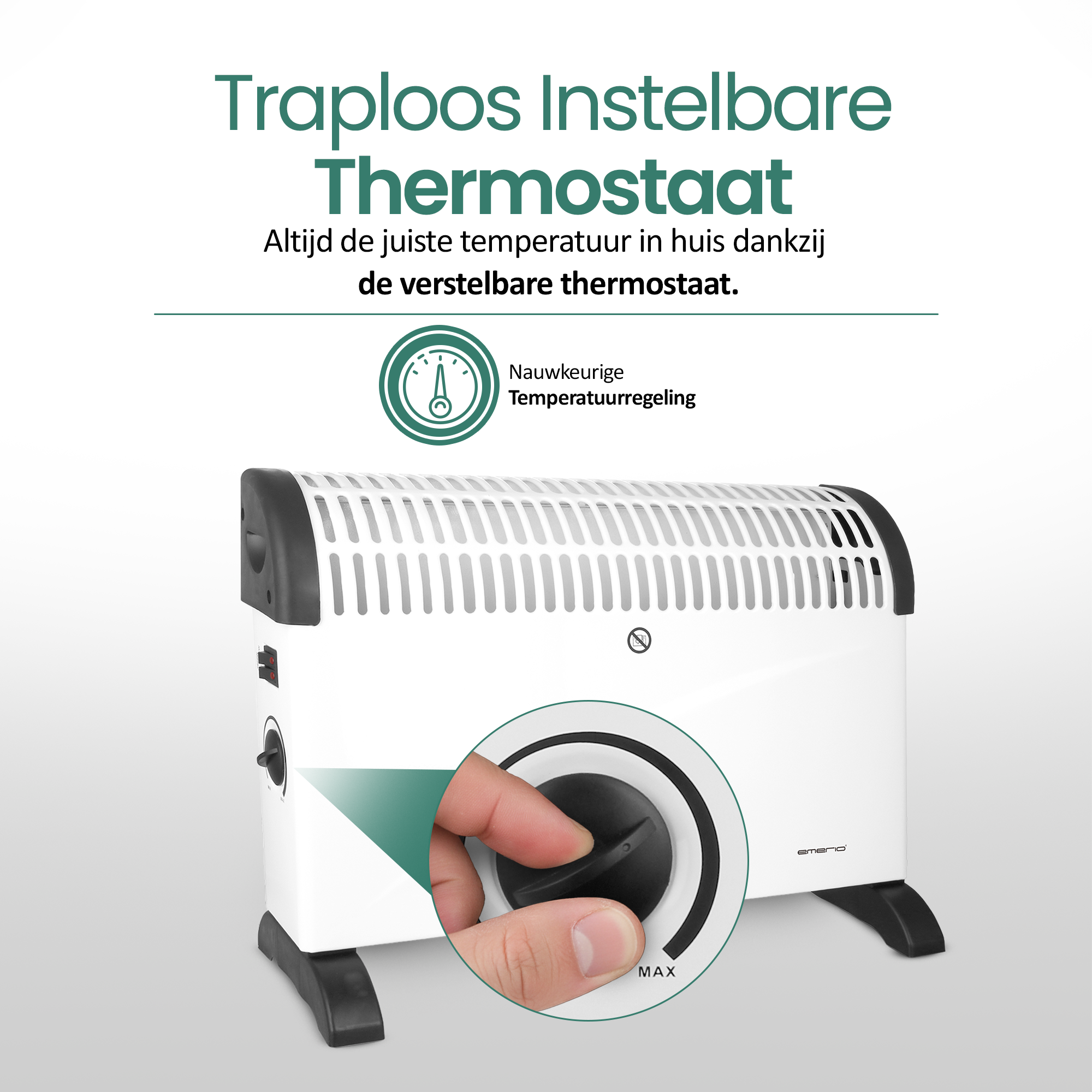 Een witte thermostaat met een zwarte bedieningsknop wordt afgesteld. Bovenstaande tekst zegt 'Thermostaat'.