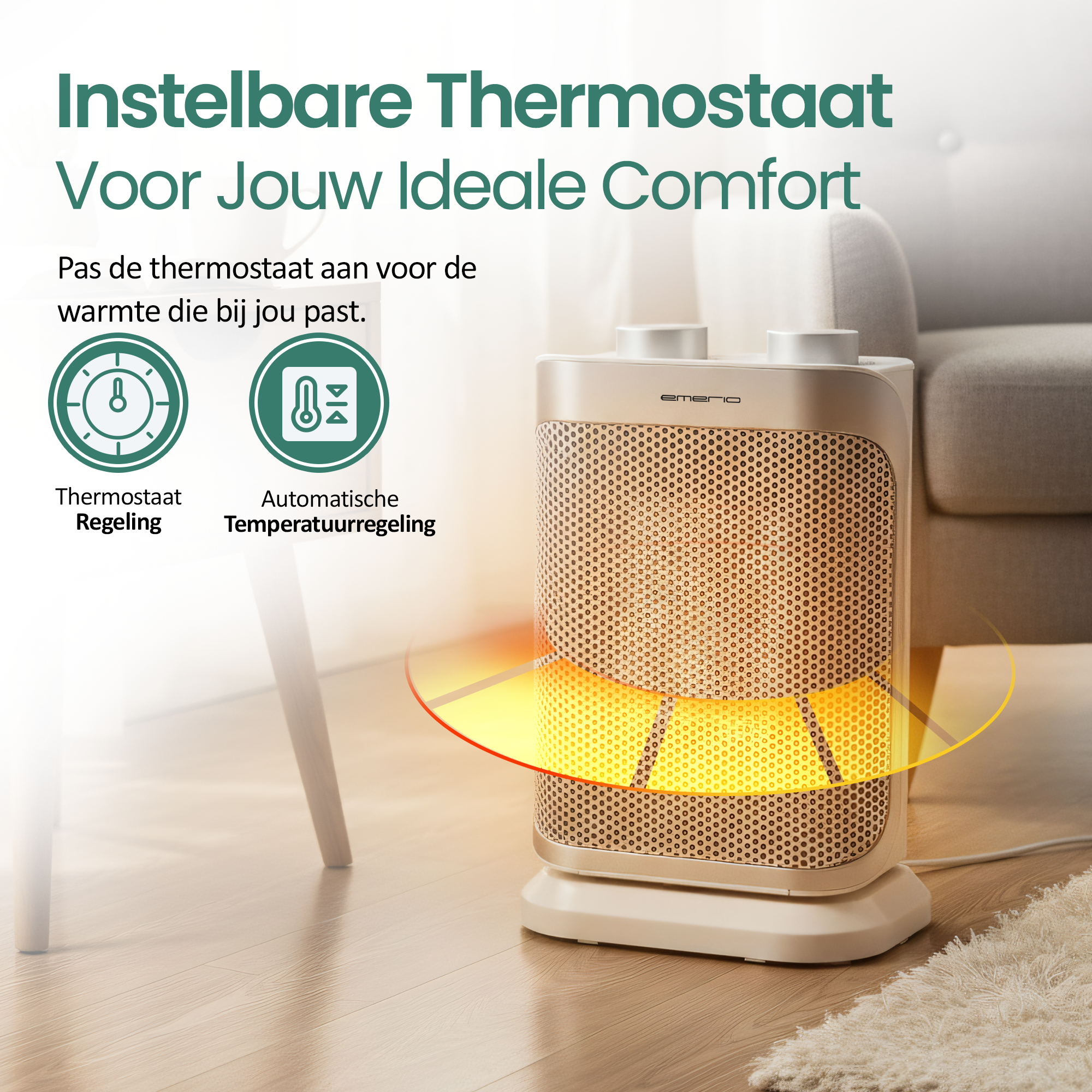Een beige en gouden kachel staat op een houten vloer, met een bank op de achtergrond. Tekst: Instelbare thermostaat voor ideaal comfort.