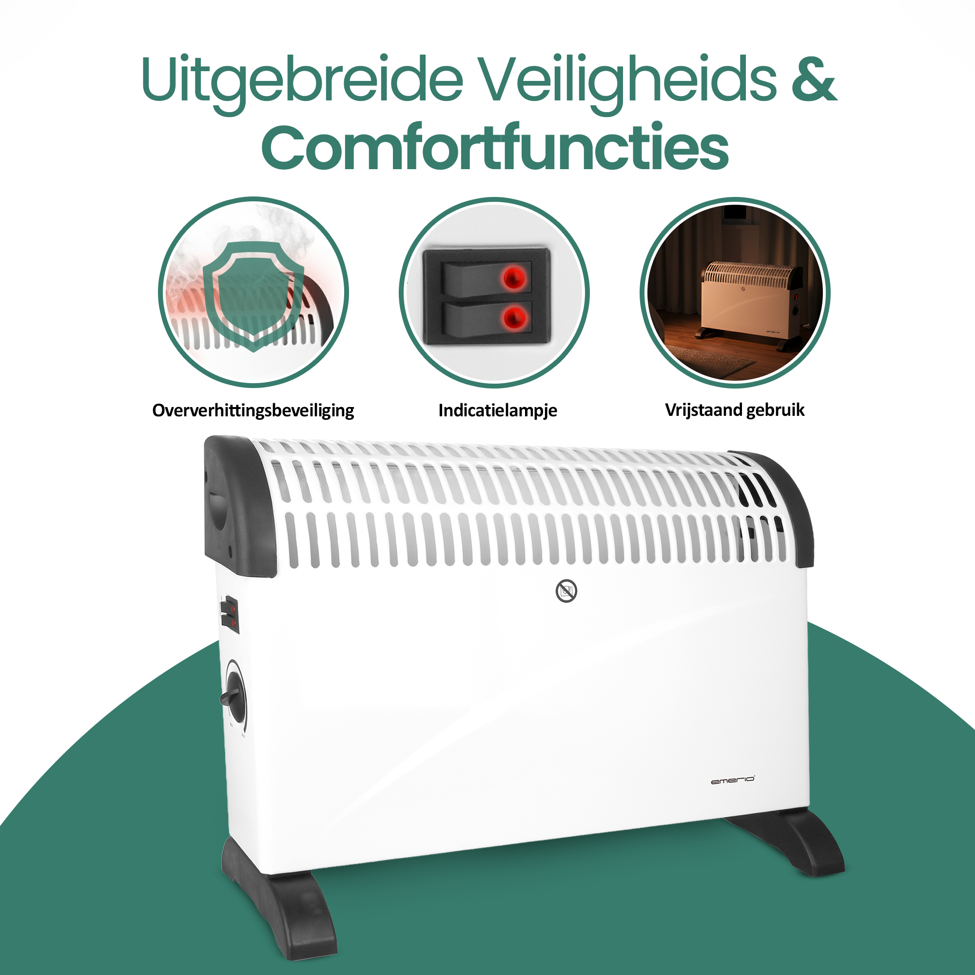 Witte elektrische kachel met zwarte accenten, drie pictogrammen met veiligheidsfuncties en Nederlandse tekst.