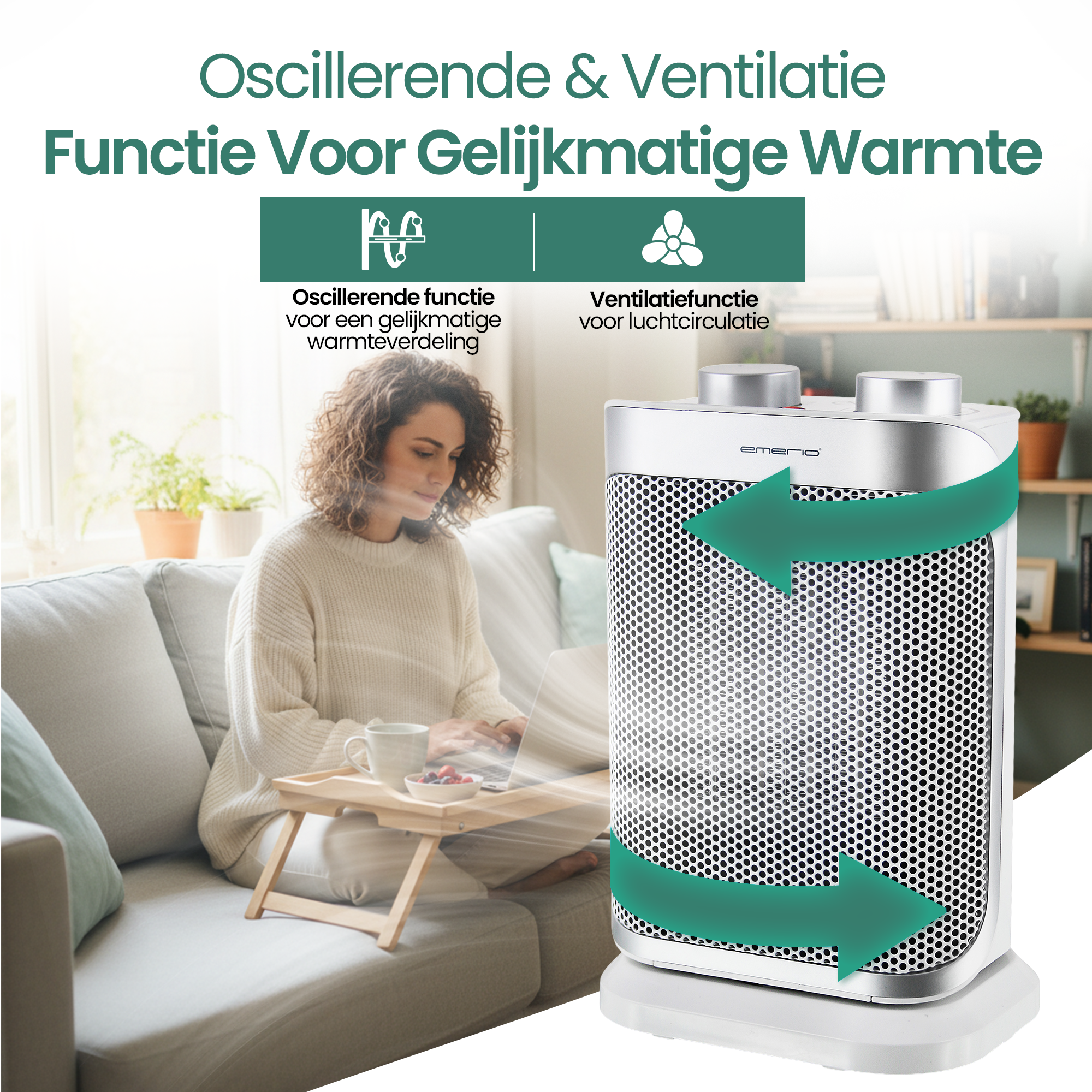 Een vrouw zit op een bank met een laptop en een verwarming. De kachel heeft pijlen die de luchtstroom aangeven.
