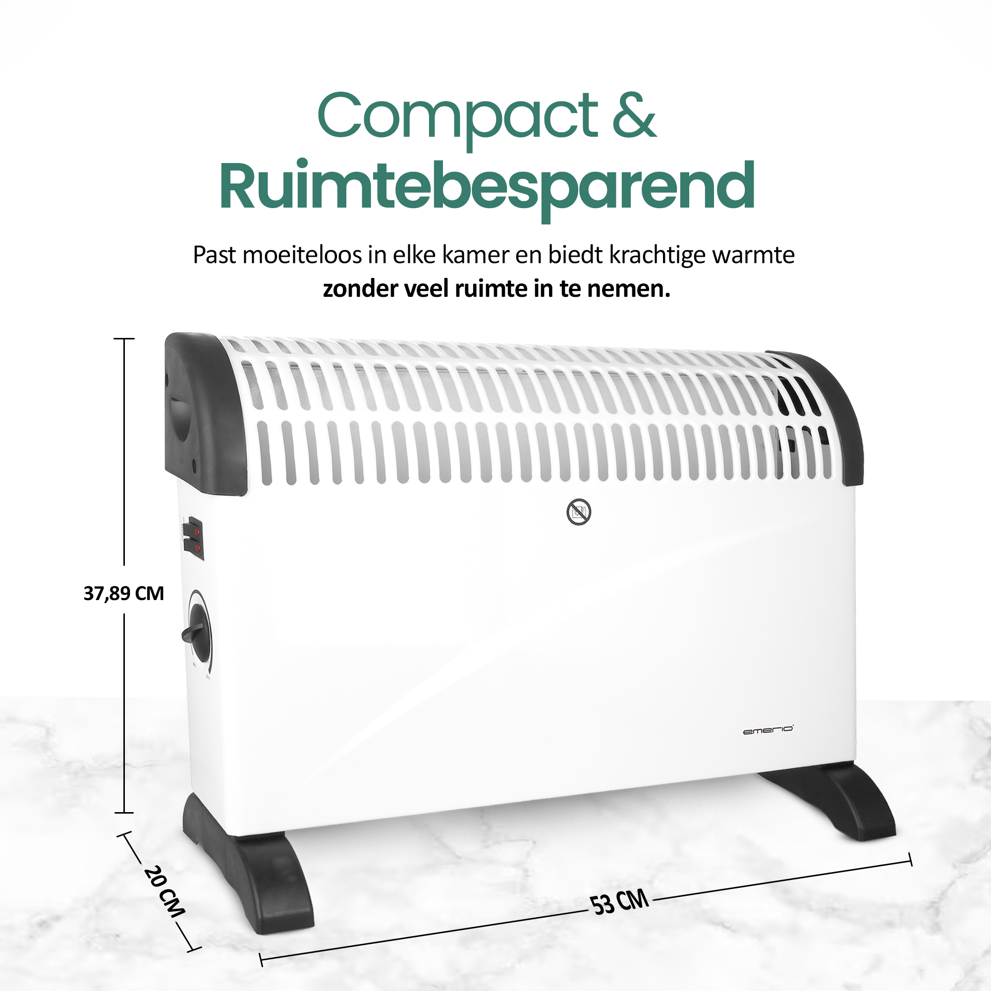 Een witte elektrische kachel met zwarte accenten, afmetingen gelabeld. Tekst: Compact & Ruimtebesparend.