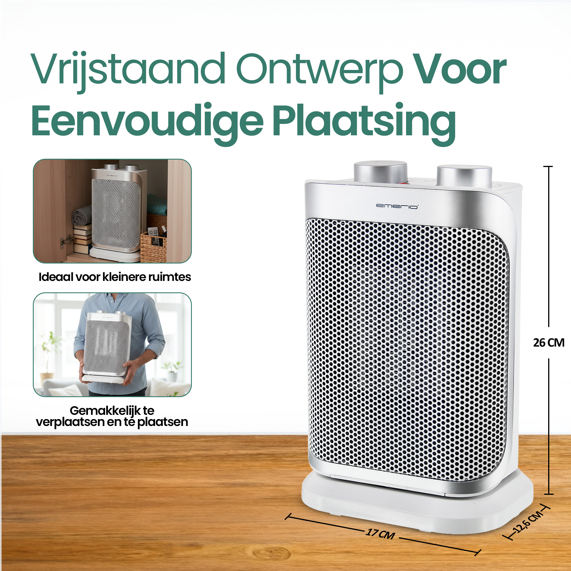 Een witte elektrische kachel staat op een houten oppervlak. Het heeft afmetingen en wordt in gebruik getoond.