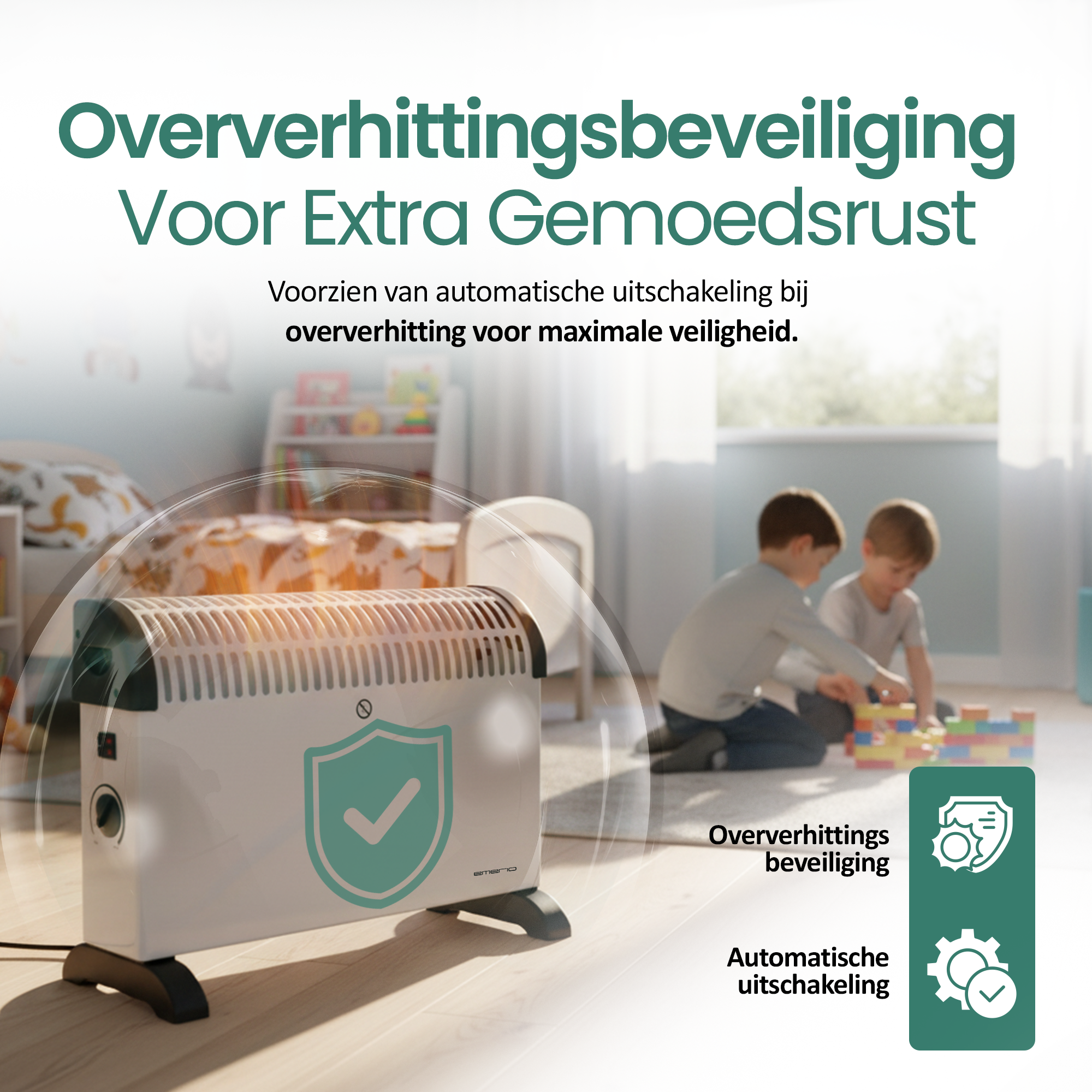 Een witte kachel met een groen schild, twee kinderen spelen met blokken op de achtergrond.