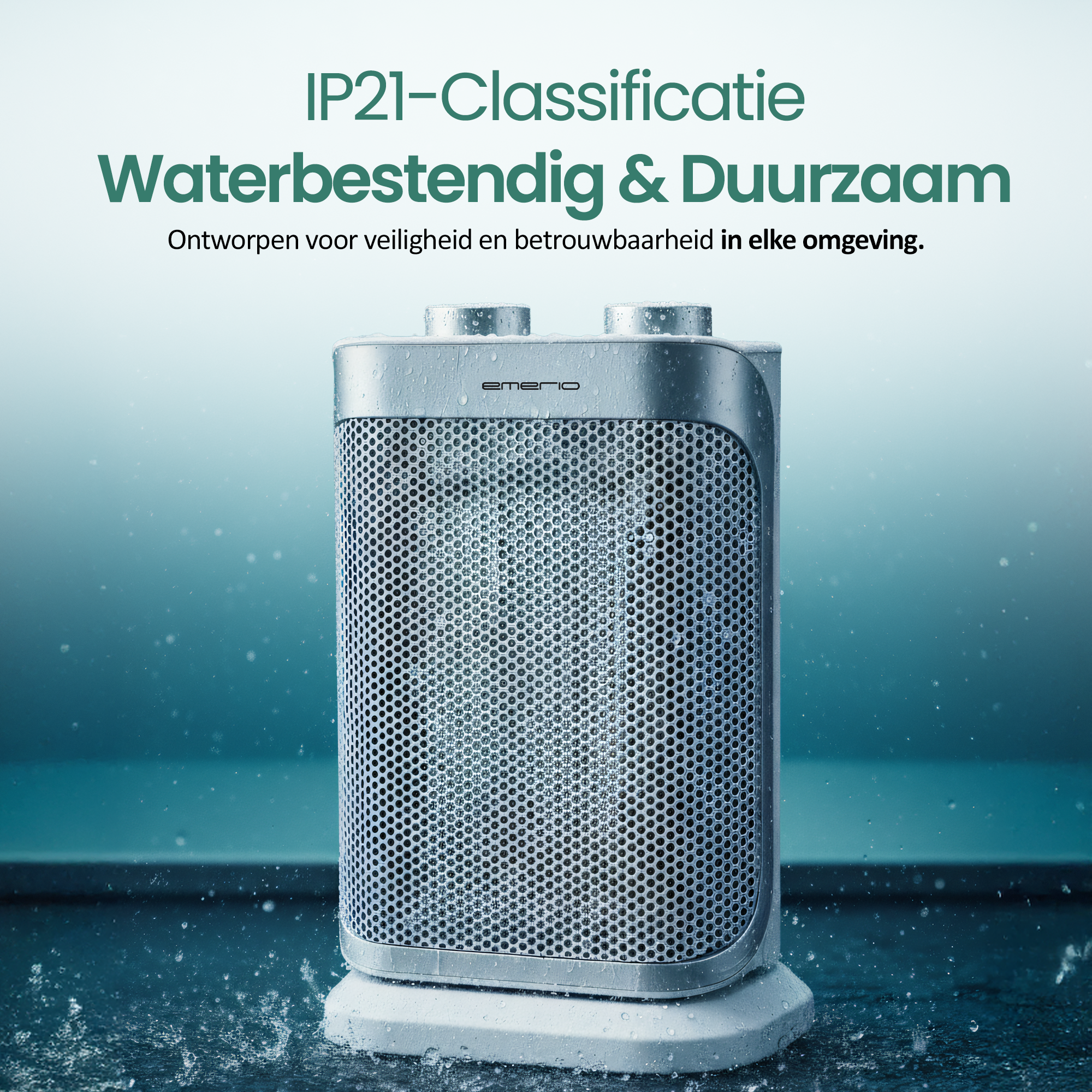 Een zilveren kachel met waterdruppels, in een blauwe omgeving. Tekst: Waterbestendig & duurzaam.