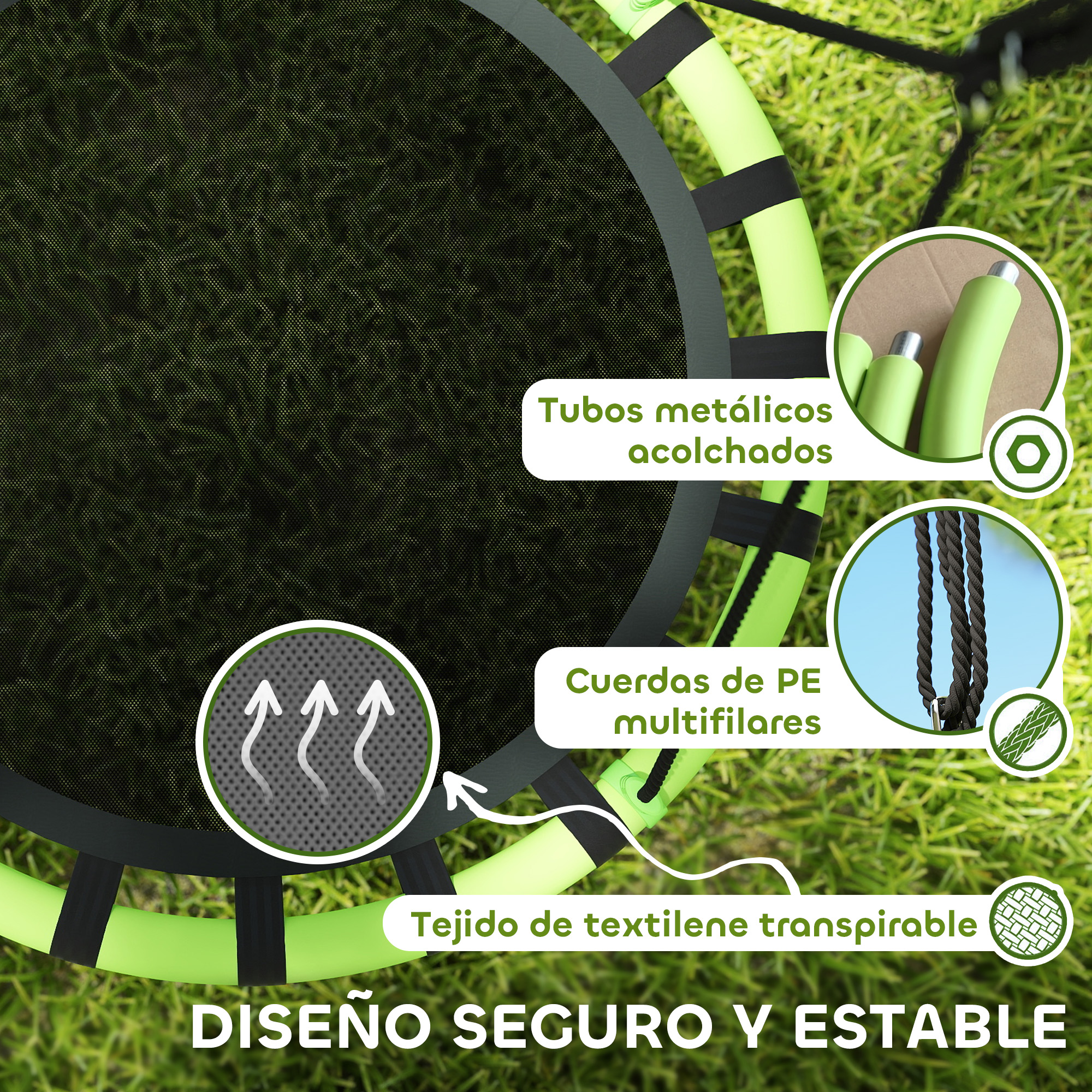 Un trampolín verde y negro con etiquetas de texto que indican características como tubos metálicos acolchados y tejido transpirable.