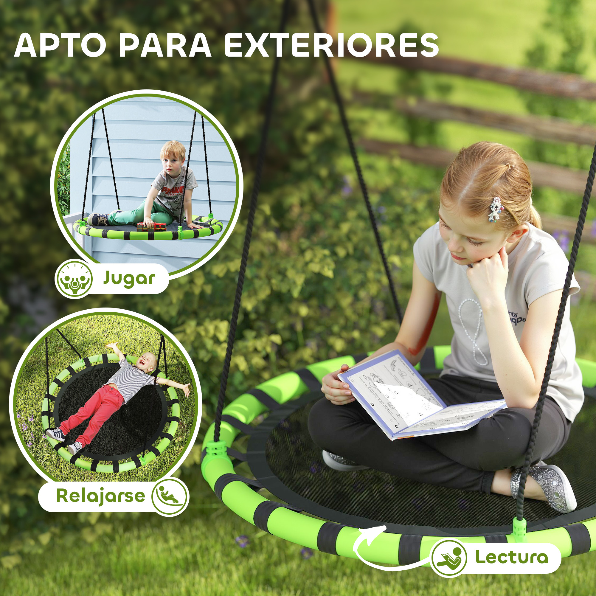 La imagen muestra a una niña leyendo en un columpio. Dos niños también están en columpios. El texto dice 'Apto para exteriores'.