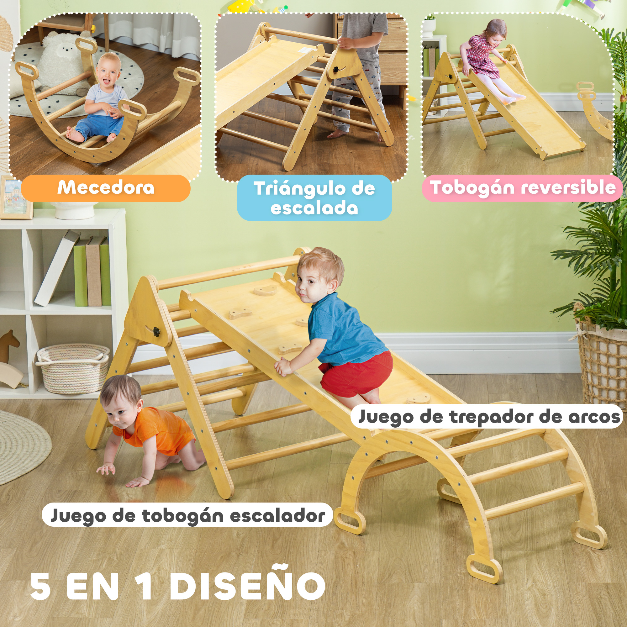 Un juego de juguetes de madera multifuncional. Incluye una mecedora, un triángulo de escalada, un tobogán reversible y un arco de escalada.