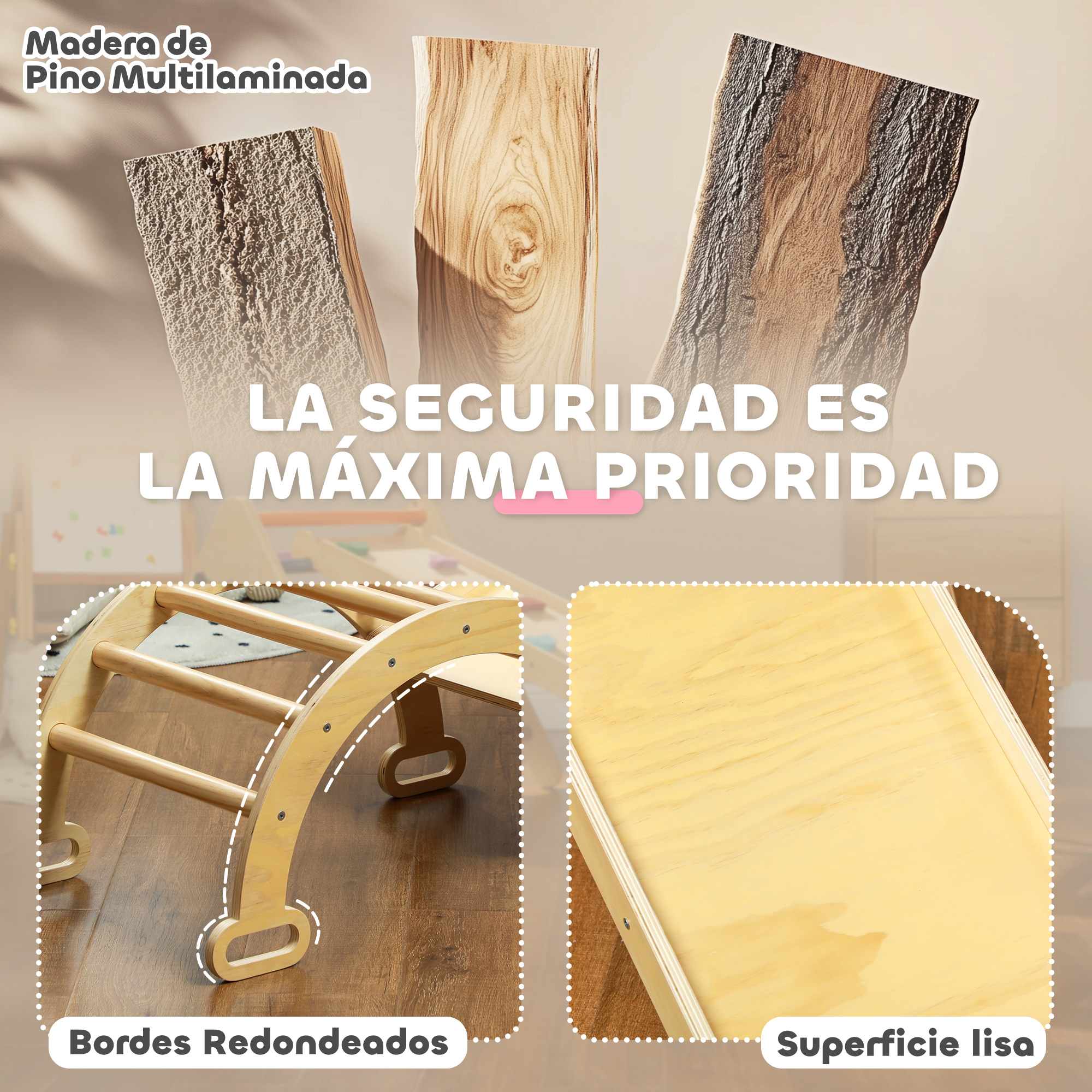 La imagen muestra muestras de madera y un arco de escalada para niños. El texto dice 'La seguridad es la máxima prioridad' y presenta bordes redondeados.