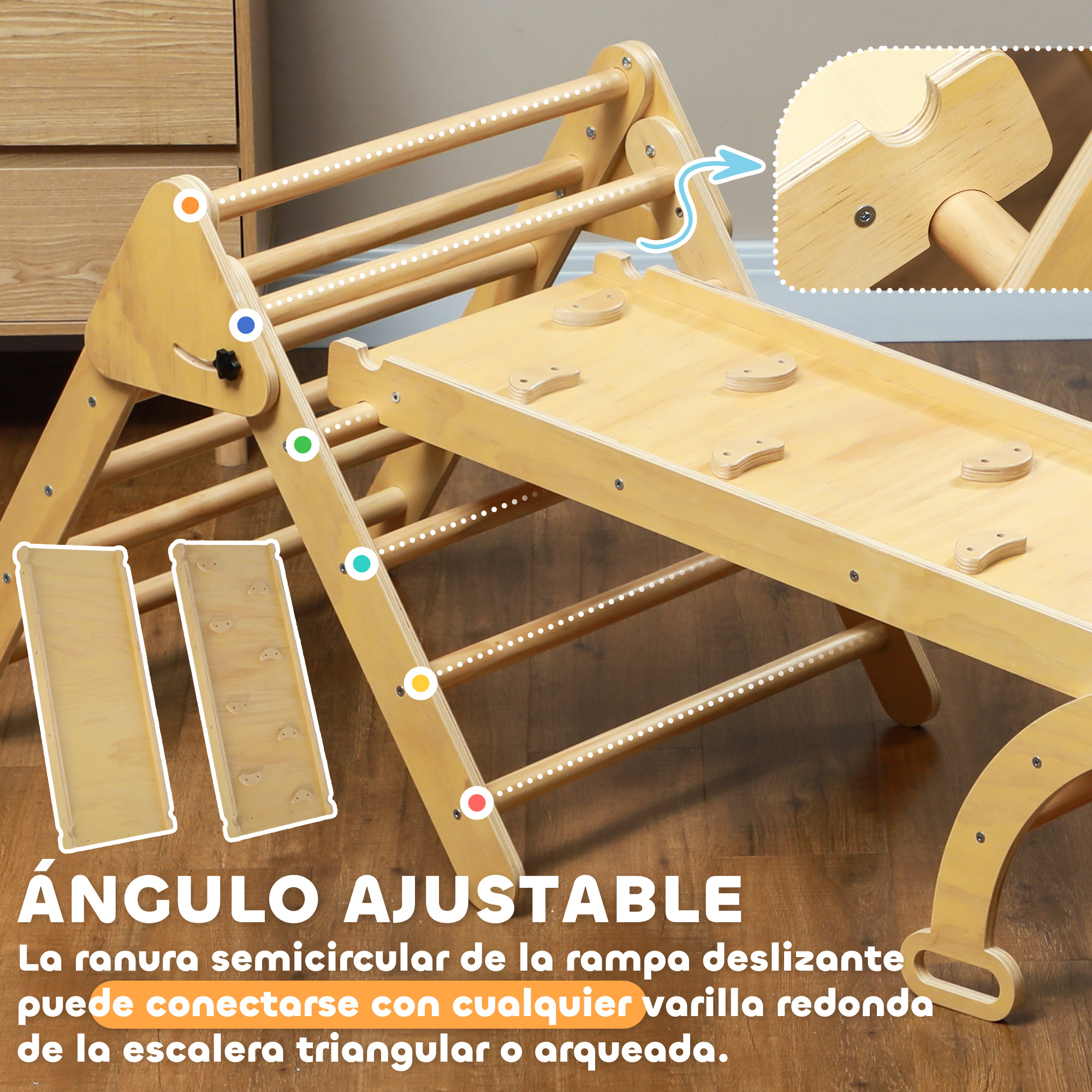 Estructura de escalada de madera con rampa y escalera. La estructura es ajustable.