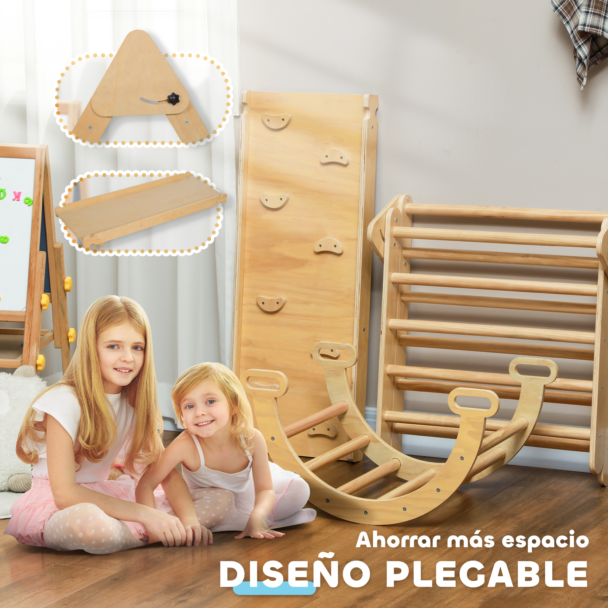 Dos niñas se sientan cerca de juguetes de escalada de madera. La escena incluye una pared de escalada, un balancín y una escalera.