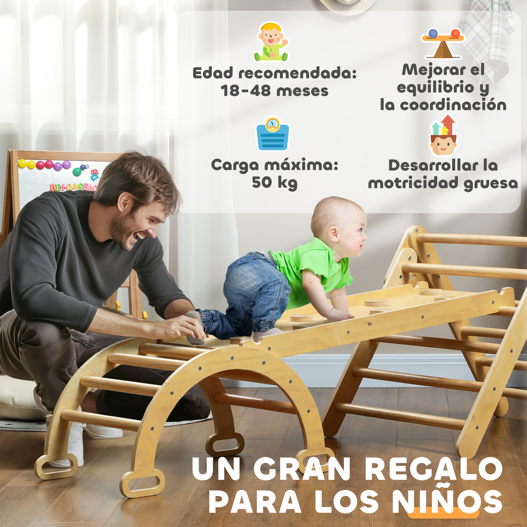 Un bebé escala una estructura de madera. Un hombre observa sonriendo. El texto incluye rango de edad, peso máximo y beneficios.