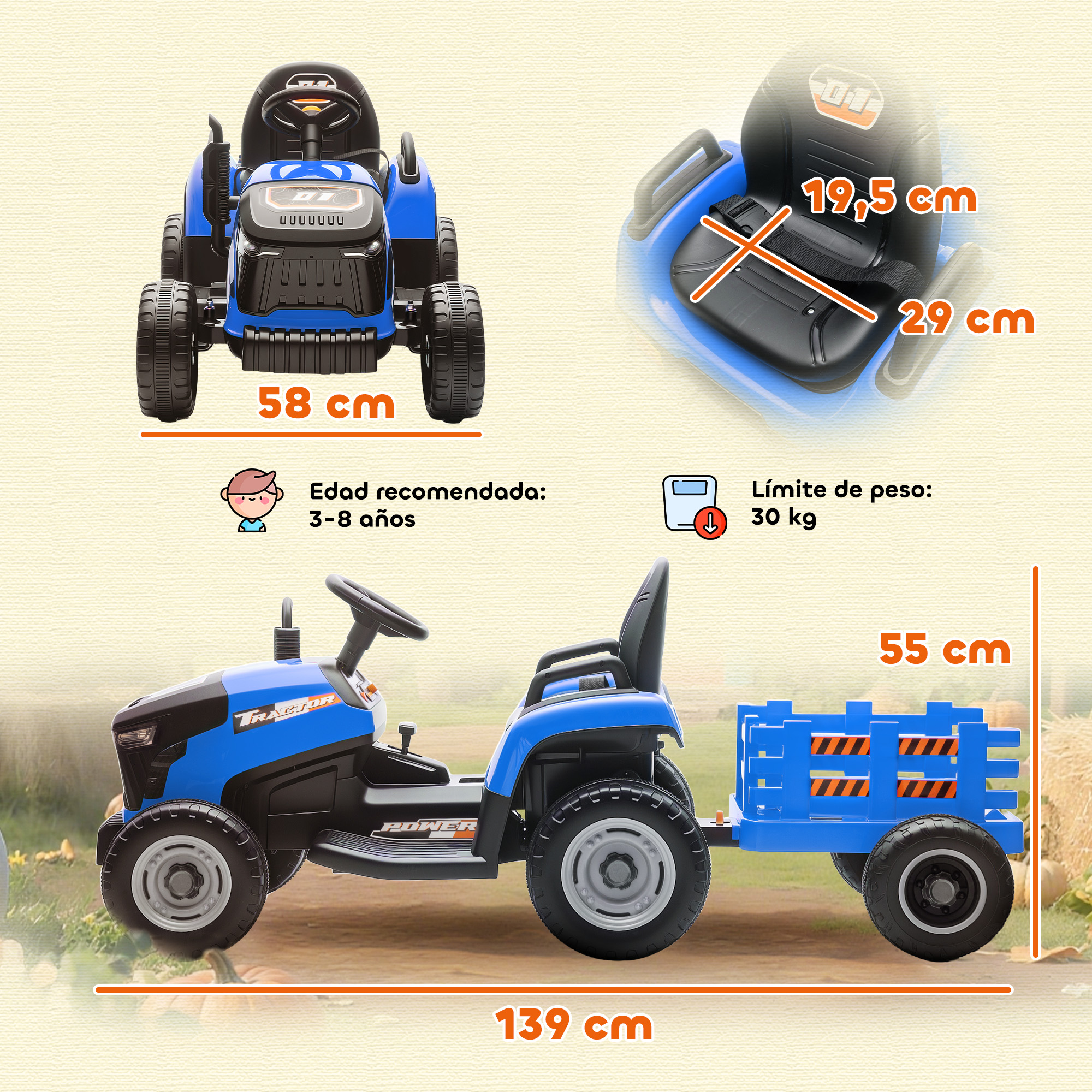 Tractor de juguete azul con remolque, medidas mostradas. Recomendado para edades de 3-8 años, peso máximo 30 kg. Fondo es campo.