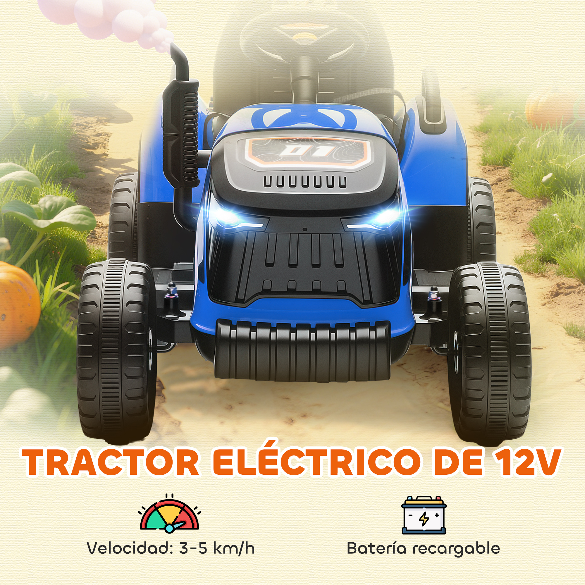 Un tractor de juguete azul con neumáticos negros, sobre un camino de tierra con hierba y calabazas. Tiene el texto 'Tractor eléctrico de 12V'.