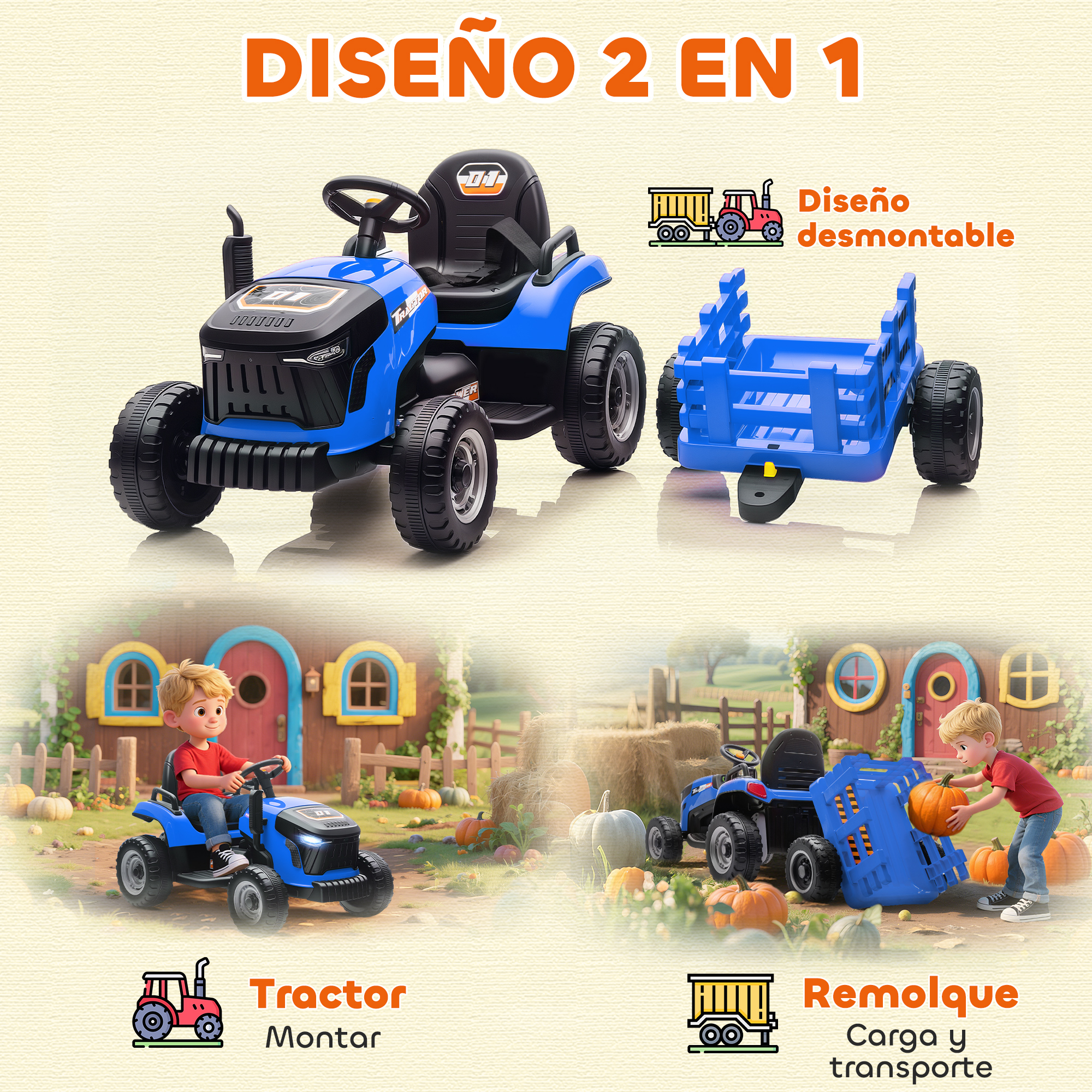 Un tractor de juguete azul con remolque desmontable. Se muestra a dos niños jugando con el tractor en un jardín.