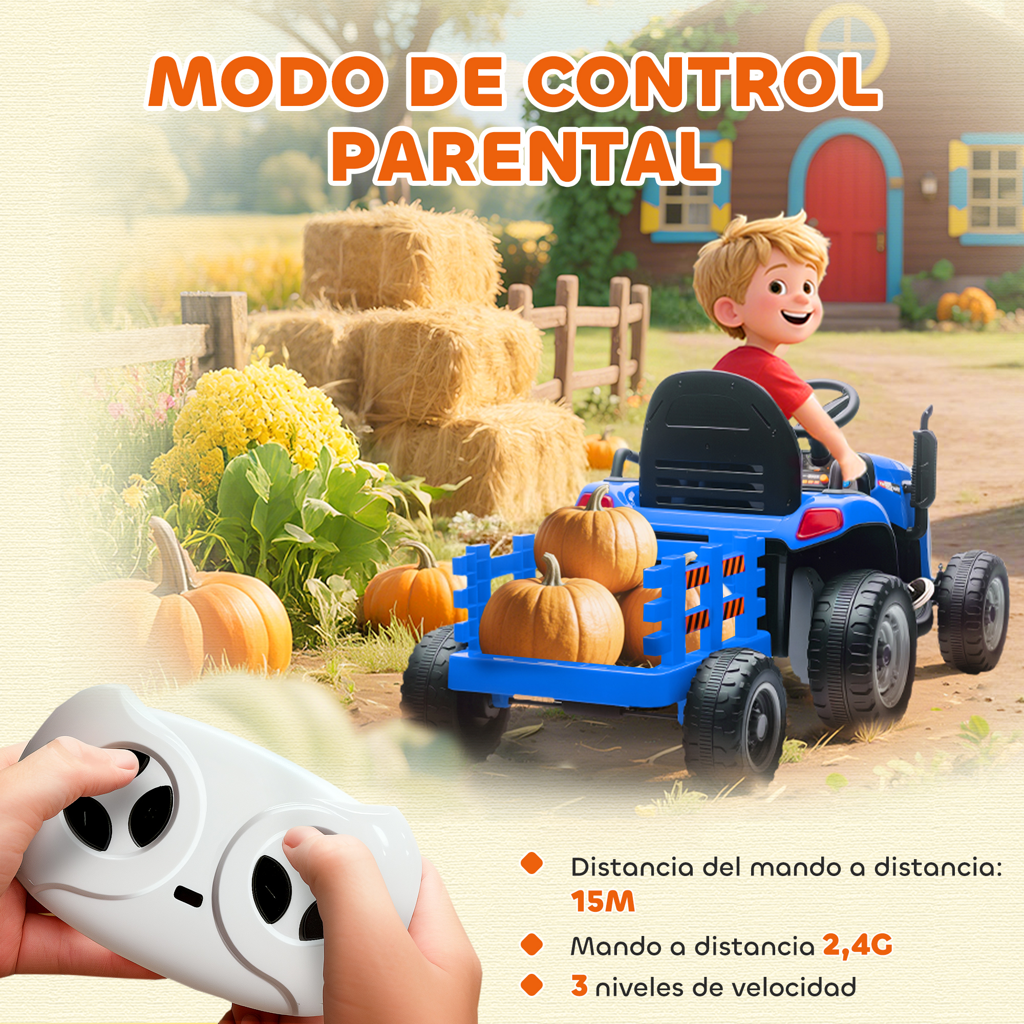 Un niño en un tractor de juguete azul con calabazas. Se sostiene un mando a distancia en las manos. El fondo muestra una casa y heno.