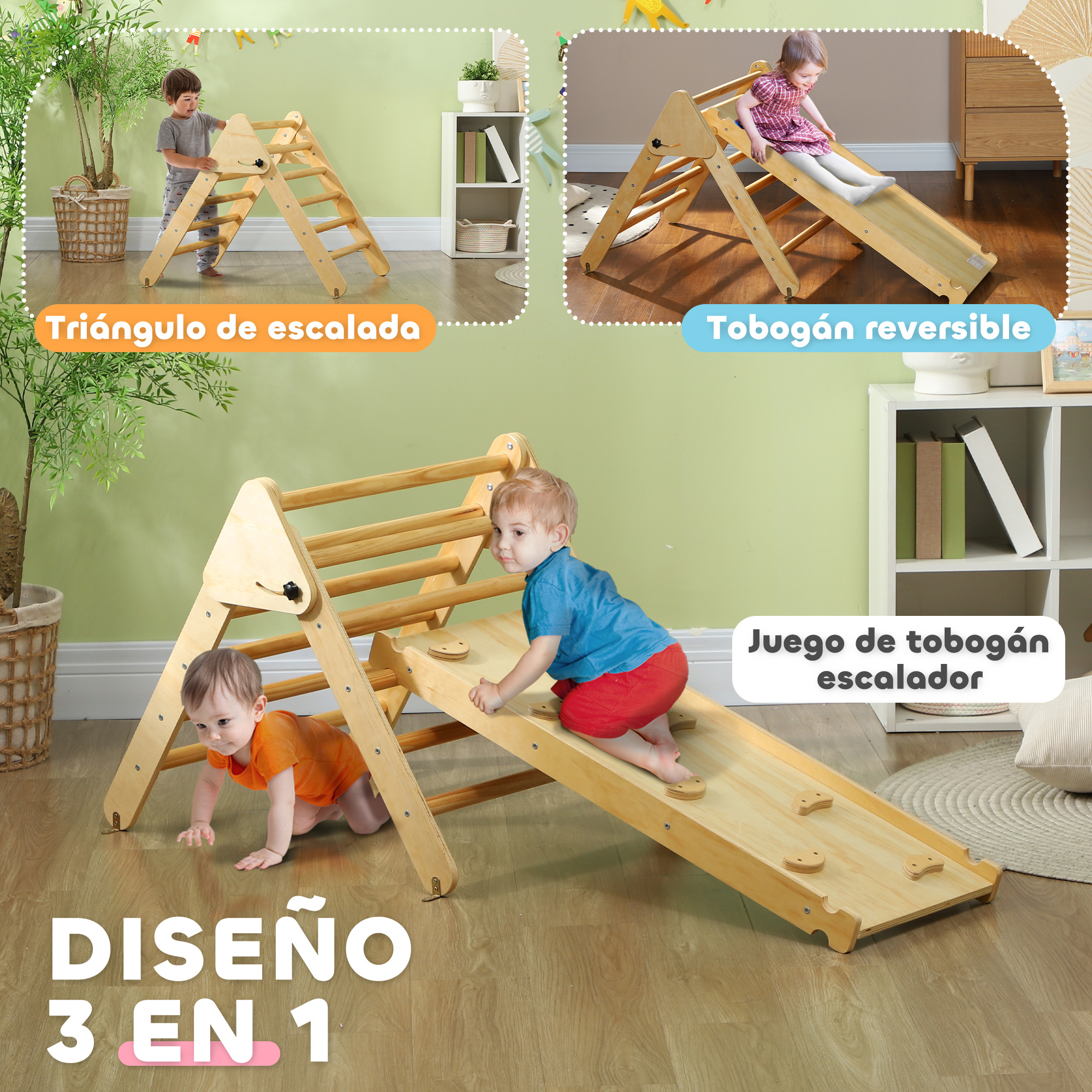 La imagen muestra un triángulo de escalada de madera y un tobogán reversible. Dos bebés juegan en las estructuras. Diseño 3 en 1.