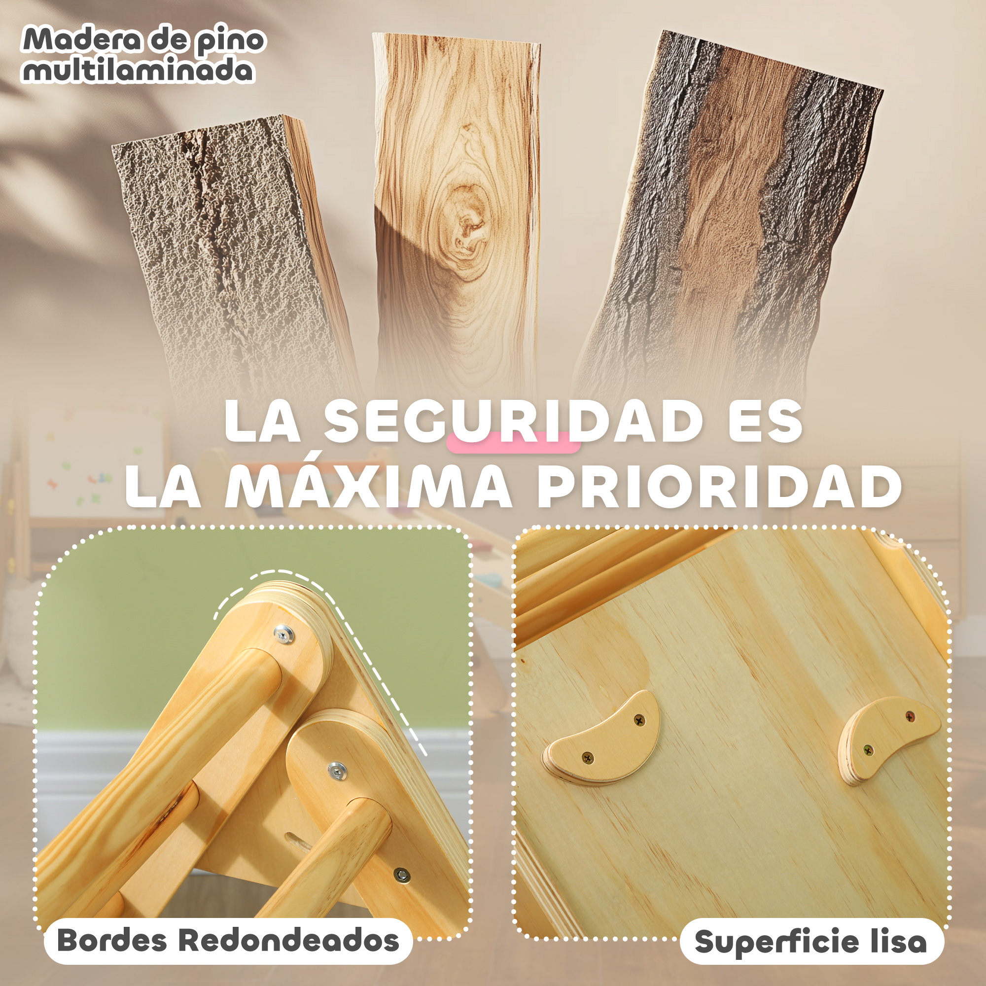 La imagen presenta muestras de madera, un marco de escalada de madera y texto que dice 'La seguridad es la máxima prioridad' en español.