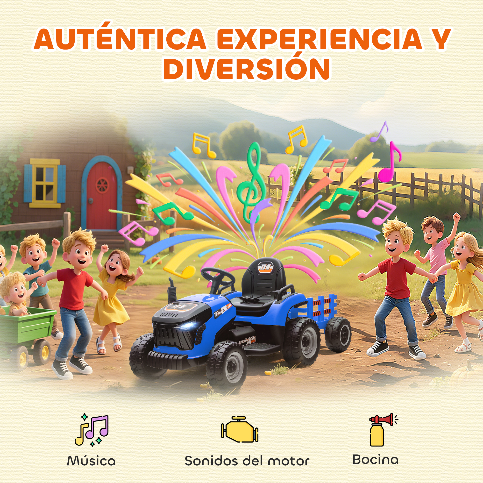 Niños cerca de un tractor azul con notas musicales. Al fondo, una casa y un campo.