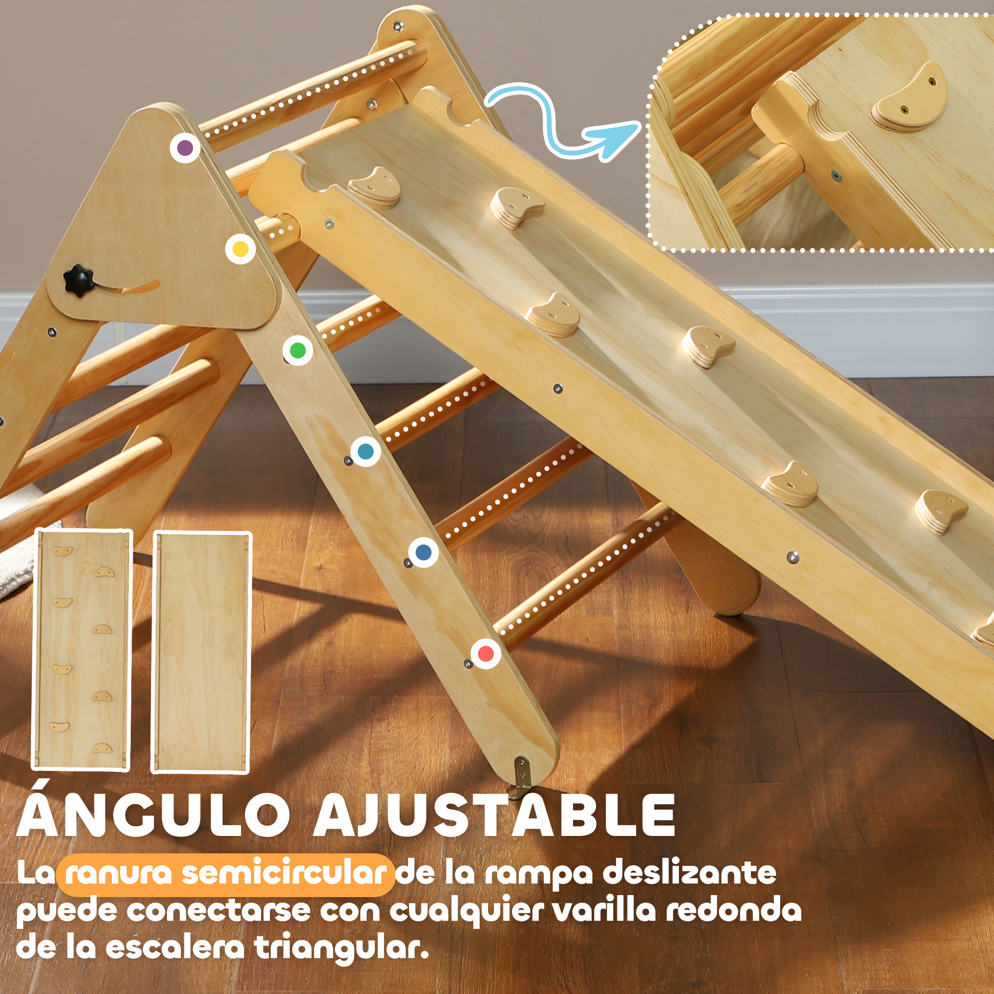 Marco de escalada de madera con tobogán. El tobogán tiene presas de escalada. Texto: Ángulo ajustable. Ranura semicircular.