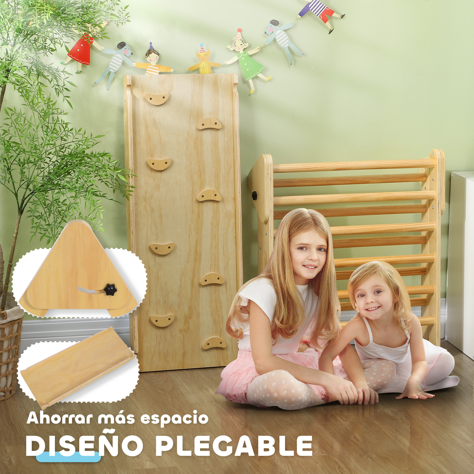Dos niñas se sientan cerca de estructuras de escalada de madera. Figuras decorativas de papel cuelgan sobre las estructuras. El texto 'DISENO PLEGABLE' es visible.