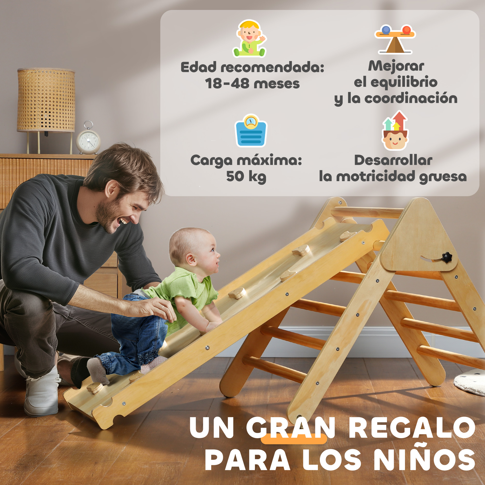 Un hombre observa a un bebé subir por un tobogán de madera. El texto dice que es un gran regalo para niños.