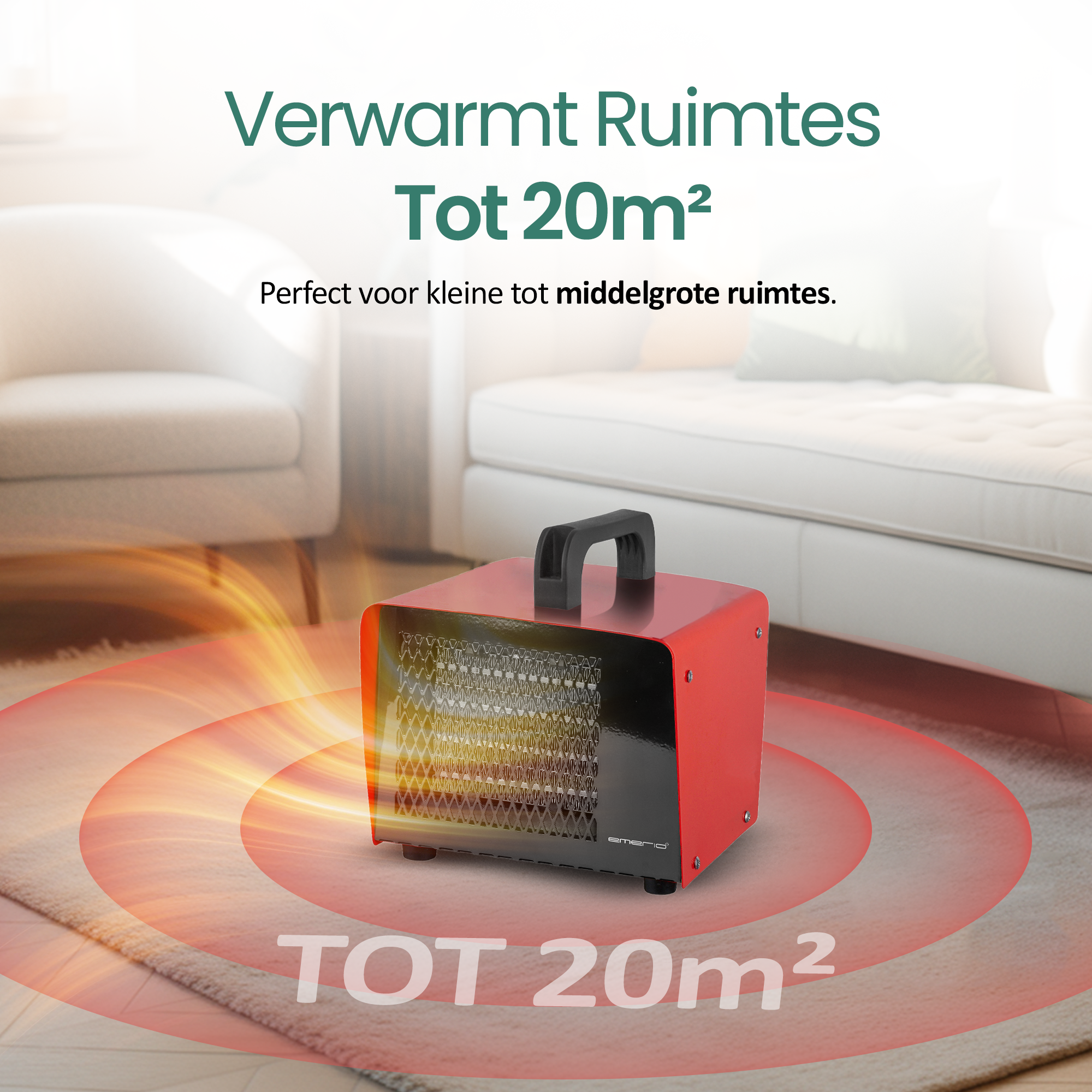 Rode kachel op een kleed, stralende warmte. Tekst: 'Verwarmt Ruimtes Tot 20m2'. Achtergrond: bank en stoelen.