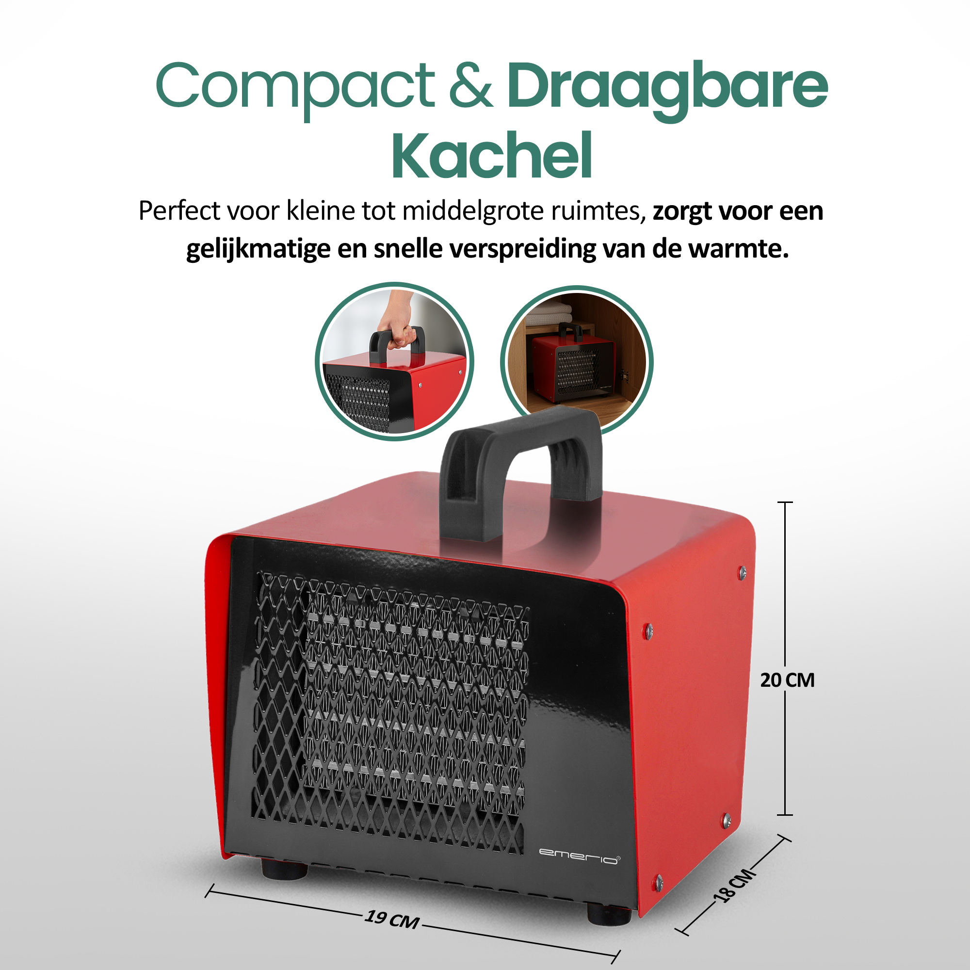 Een rode en zwarte draagbare kachel met een handvat. De afmetingen worden getoond. Tekst: Compact & Draagbare Kachel.