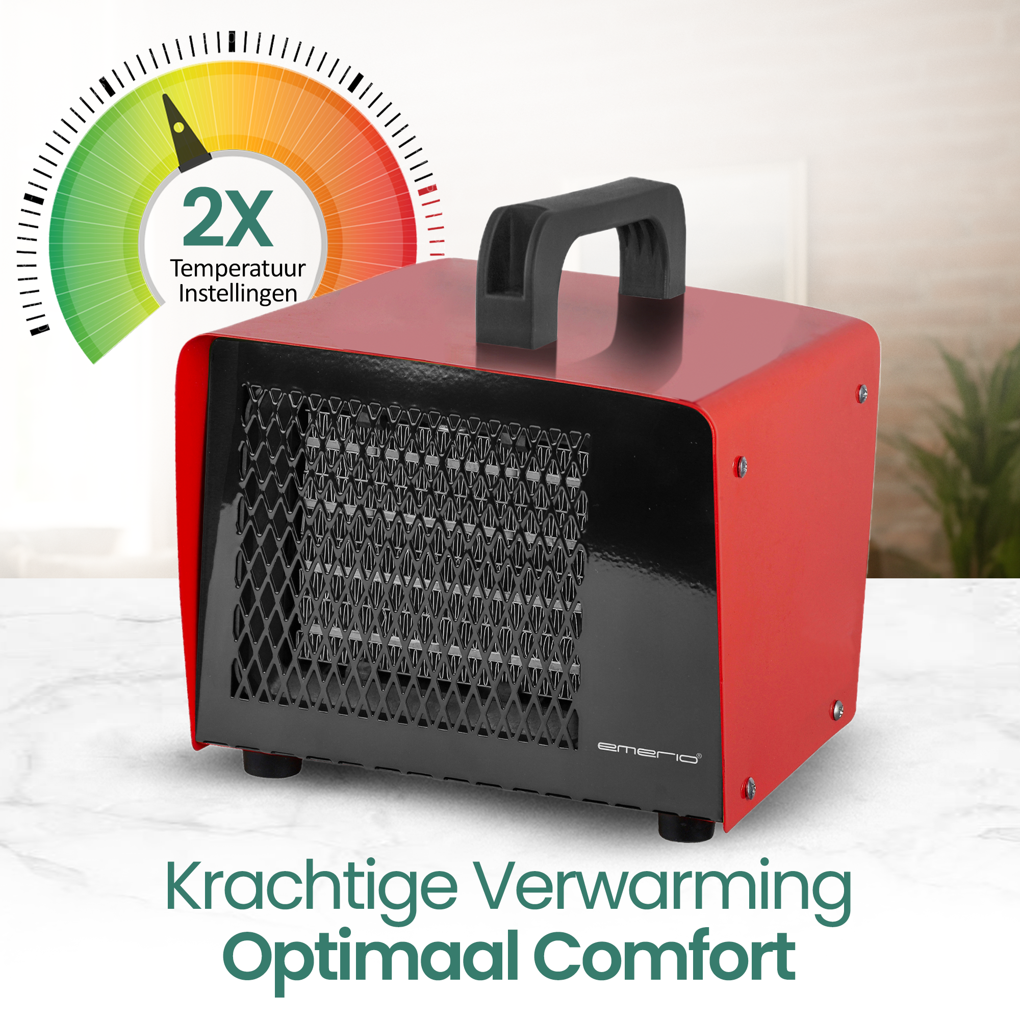 Een rode en zwarte kachel met een handvat. Een temperatuurmeter staat linksboven. Tekst onder: Krachtige Verwarming Optimaal Comfort.