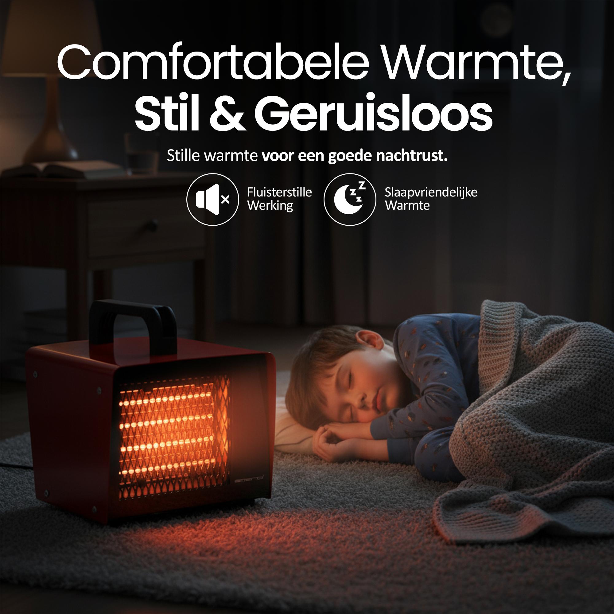 Een rode kachel gloeit in een donkere kamer. Een kind slaapt op de vloer. Tekst zegt 'Comfortabele warmte'.