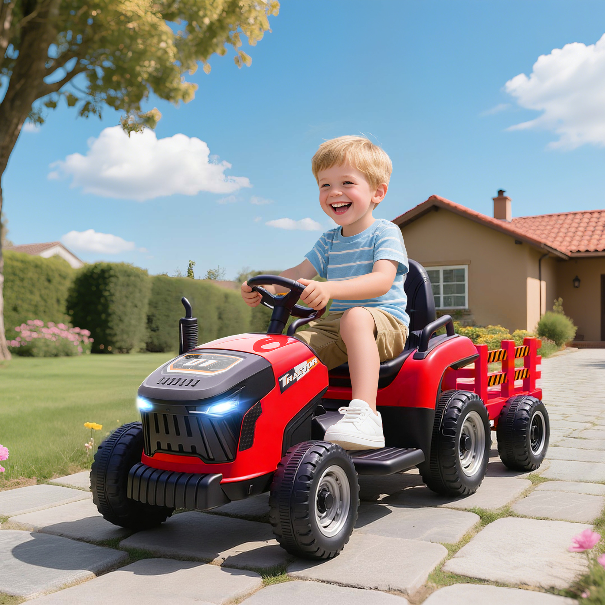 Un niño sonriente conduce un tractor de juguete rojo en un camino pavimentado frente a una casa.