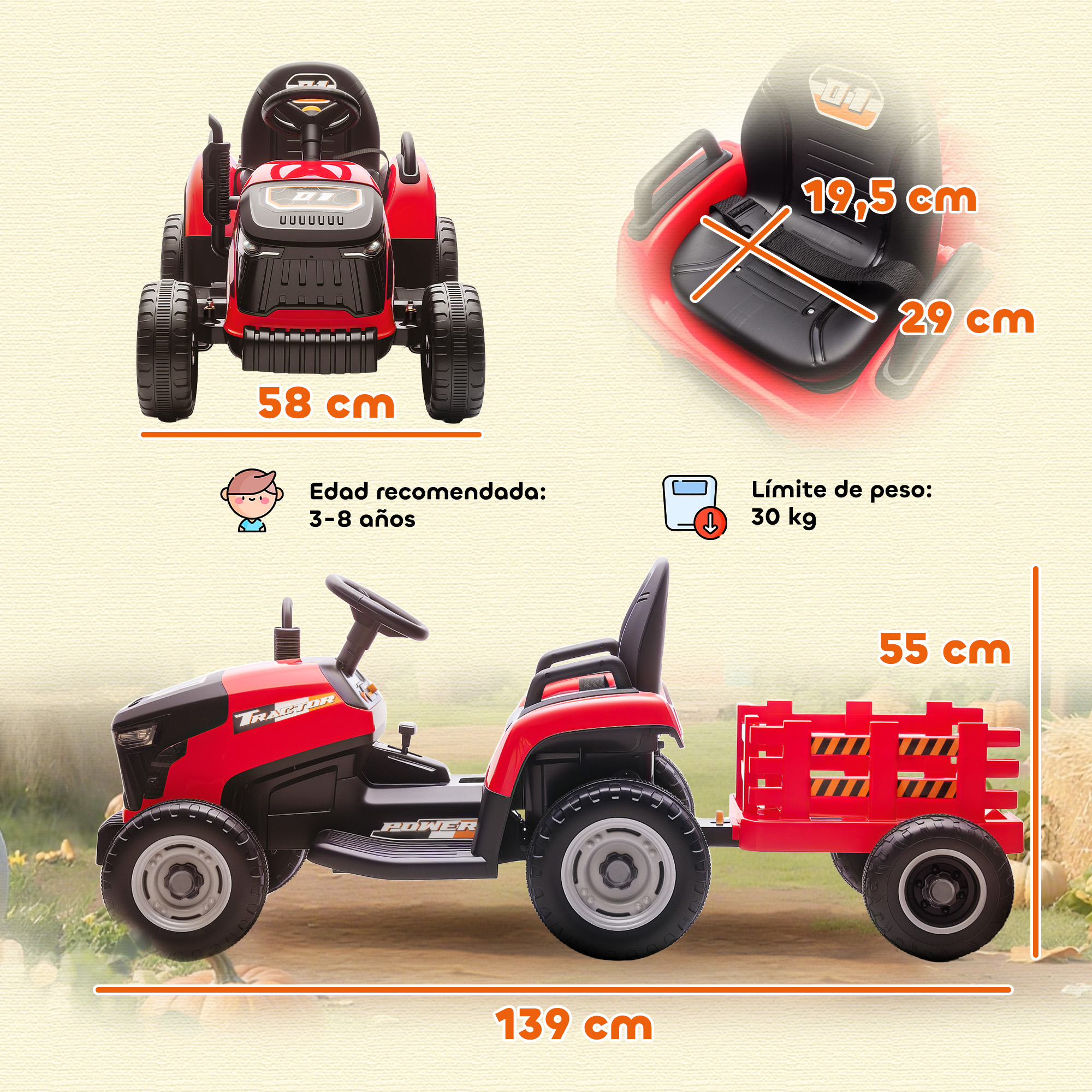 Tractor de juguete rojo con remolque, ruedas negras y dimensiones mostradas. Edad recomendada 3-8 años, límite de peso 30 kg.