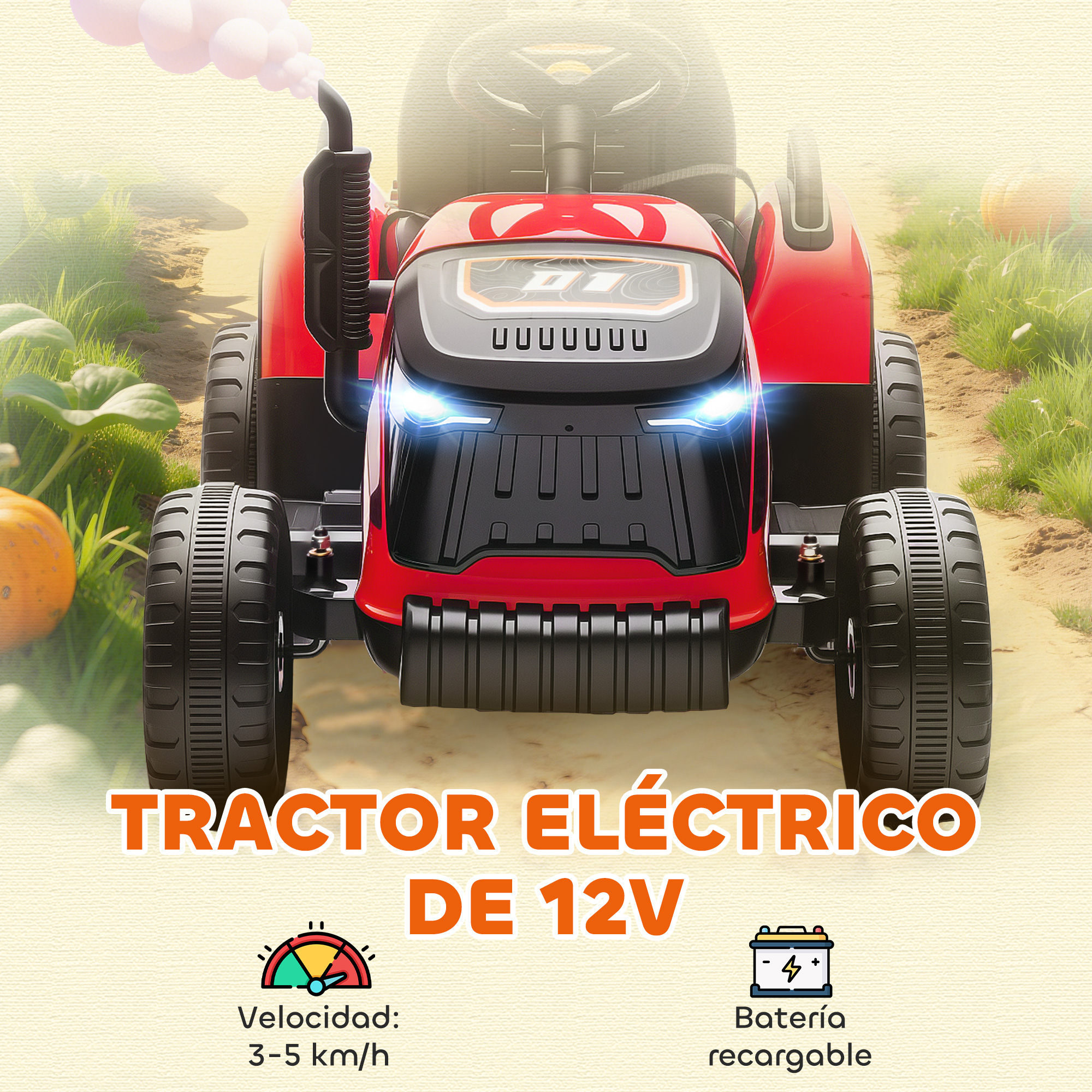 Un tractor de juguete rojo con detalles negros está en un camino de tierra con hierba verde y calabazas. El texto dice 'Tractor Eléctrico 12V'.